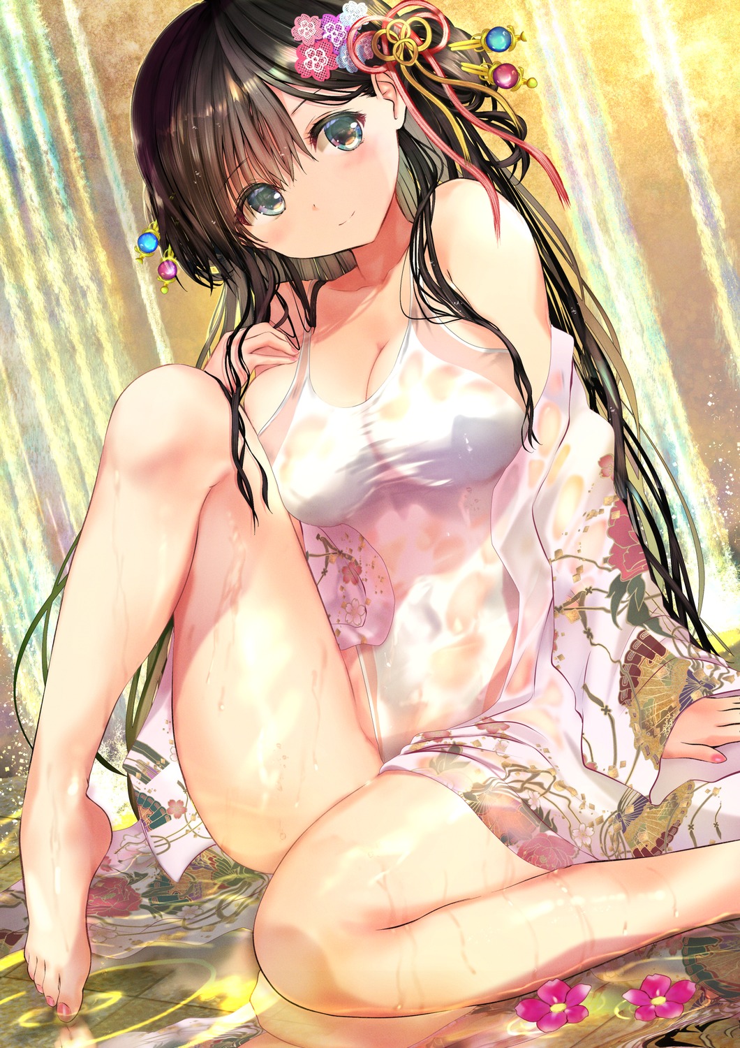 feet japanese_clothes ogata_tei see_through swimsuits wet wet_clothes