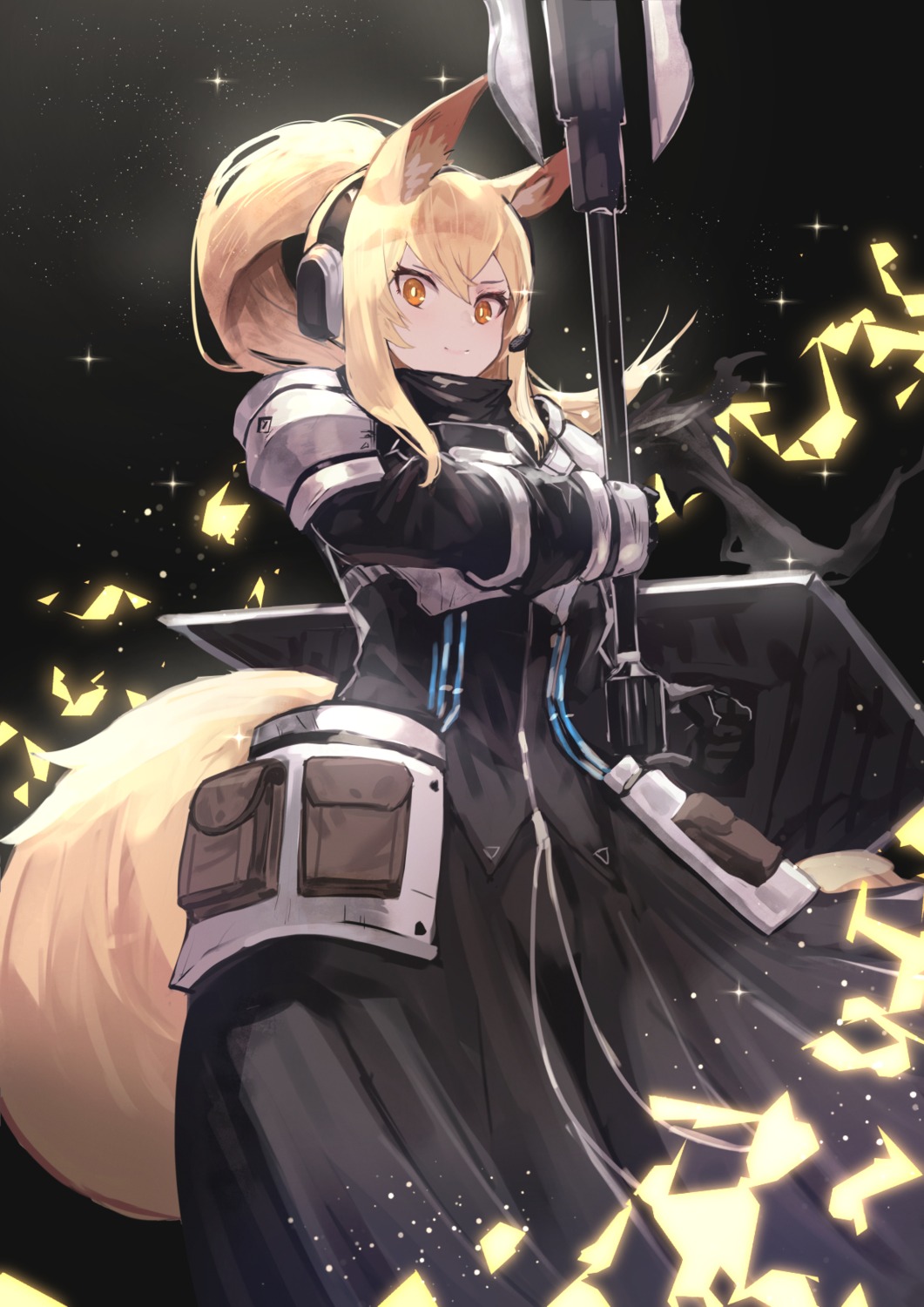 animal_ears arknights armor headphones mannouyakunta nearl_(arknights) tail weapon