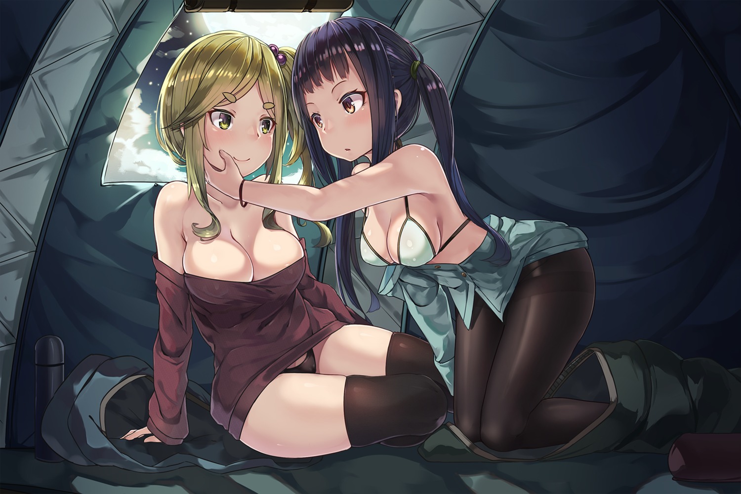 bra cleavage erect_nipples inuyama_aoi natori_youkai no_bra oogaki_chiaki open_shirt pantsu pantyhose thighhighs yuri yurucamp