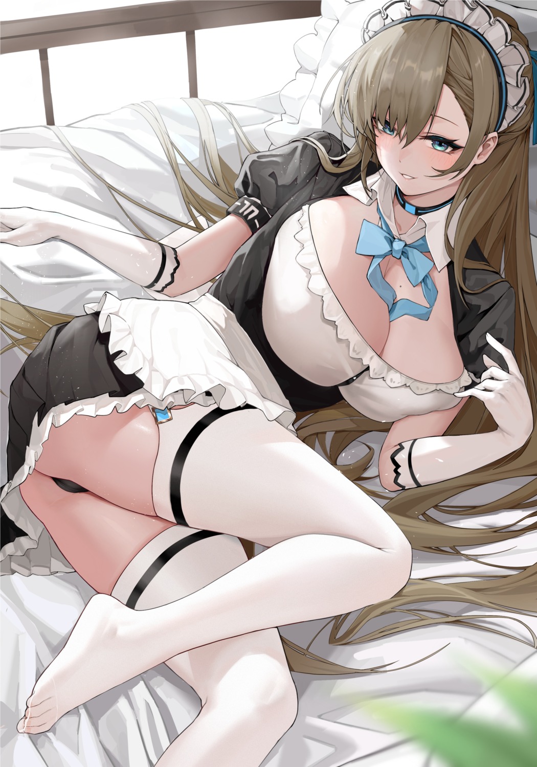 blue_archive cameltoe ichinose_asuna maid mr.zhuo pantsu skirt_lift stockings thighhighs thong