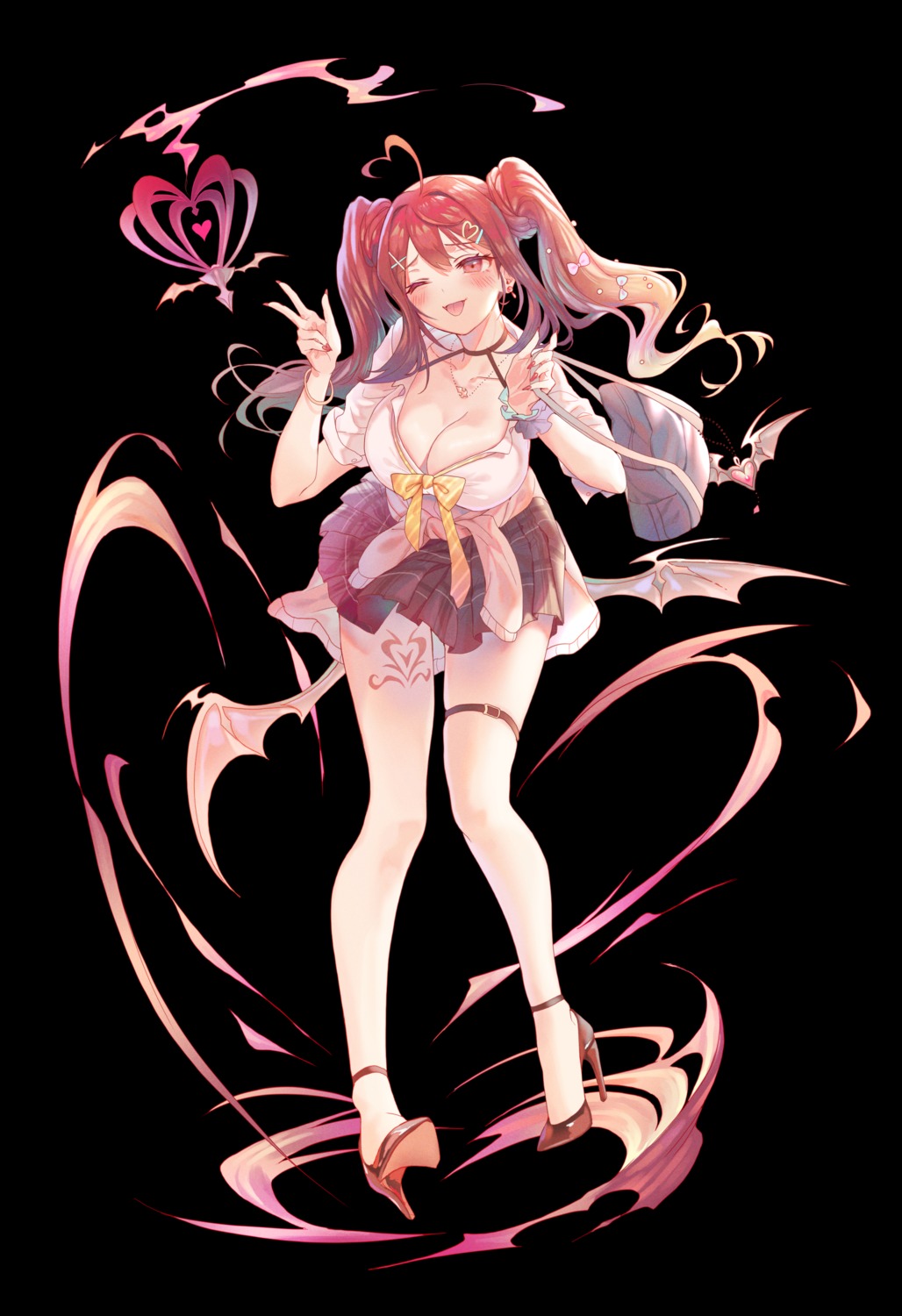 erze_(king's_raid) garter heels king's_raid no_bra open_shirt seifuku sweater tattoo torano wings