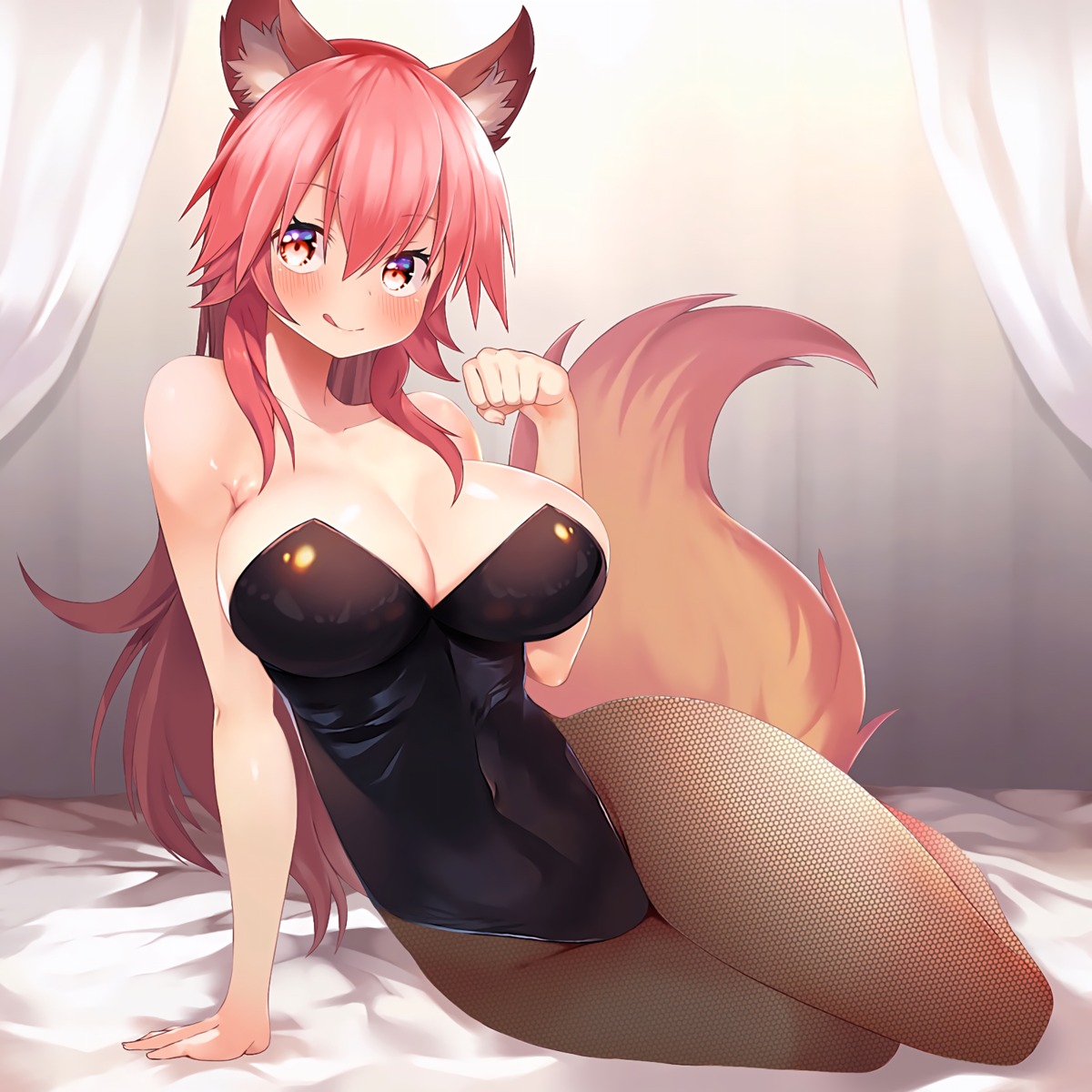 animal_ears cleavage fate/grand_order fishnets kitsune leotard no_bra pantyhose sabi1234 tail tamamo_no_mae