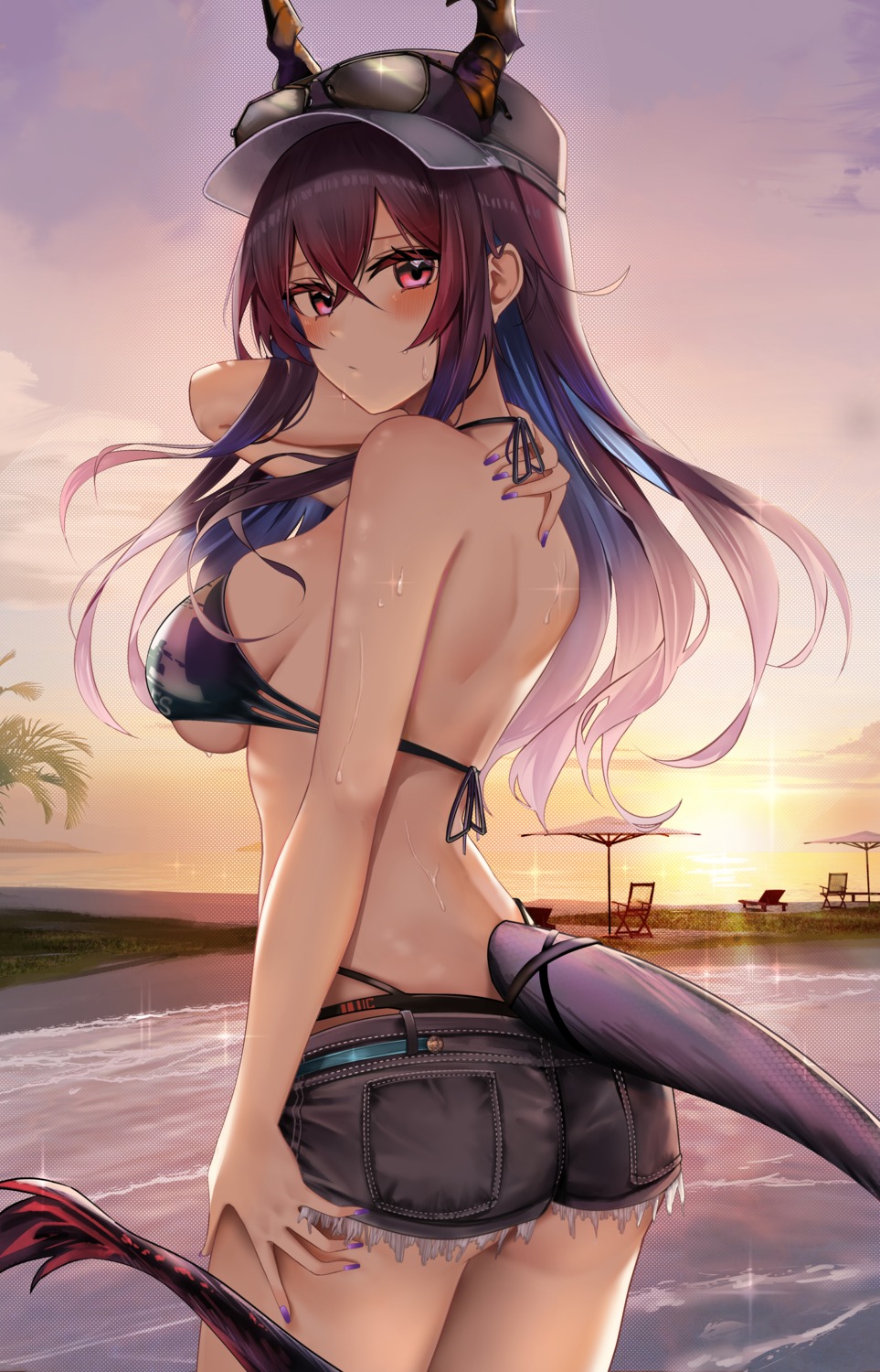 arknights ass bikini ch'en_(arknights) horns megane ru_zhai swimsuits tail torn_clothes wet