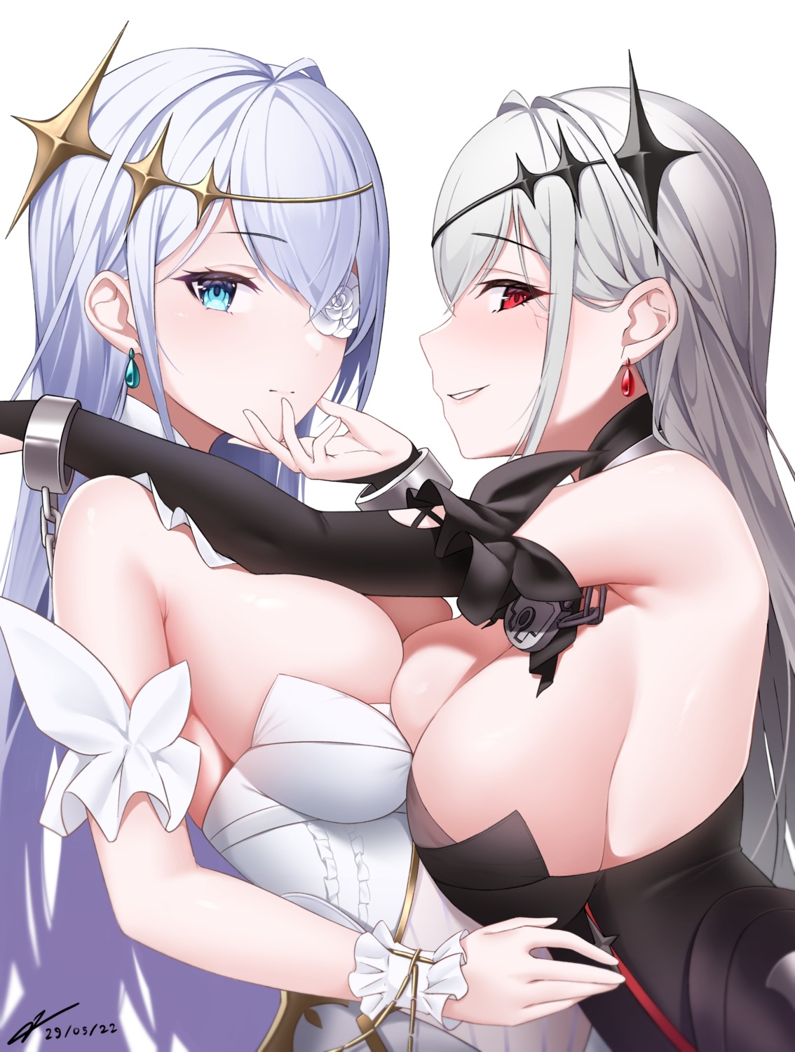 azur_lane emden_(azur_lane) eyepatch nevven no_bra symmetrical_docking yuri