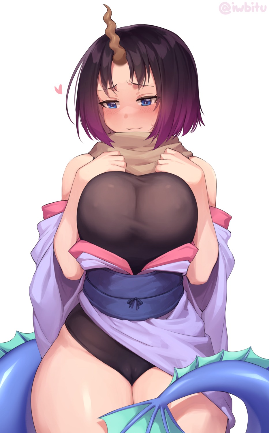 breast_hold cameltoe elma_(maidragon) erect_nipples horns iwbitu-sa japanese_clothes kobayashi-san_chi_no_maidragon leotard no_bra open_shirt skirt_lift tail