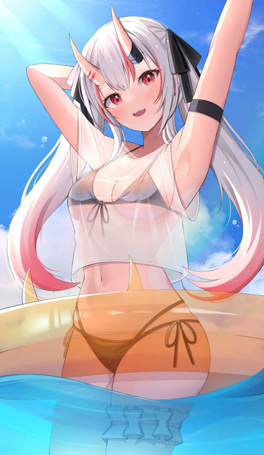 bikini garter hololive horns nakiri_ayame see_through starfox1015 swimsuits wet