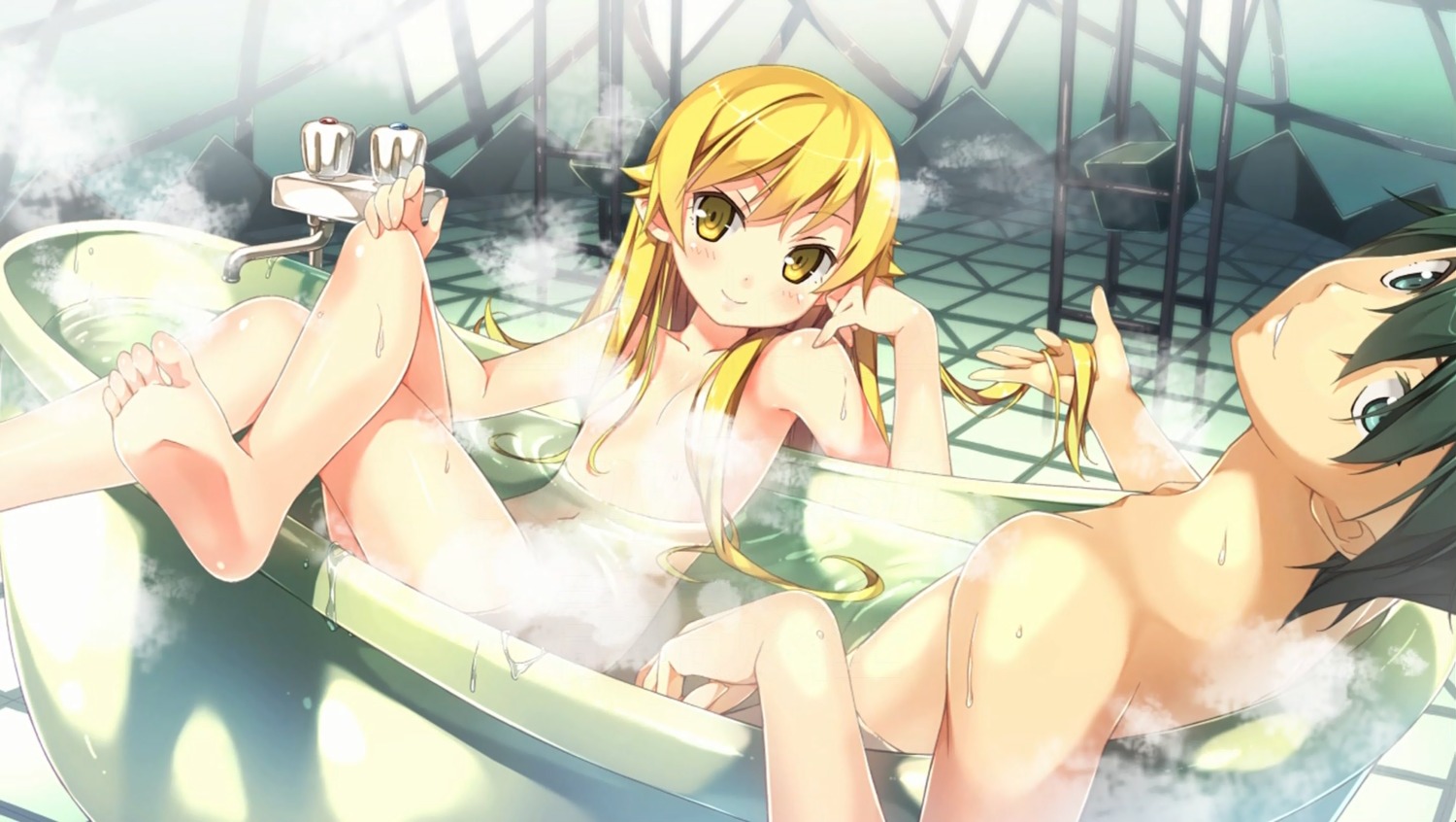 araragi_koyomi areola bakemonogatari bathing feet kantoku loli monogatari_(series) naked nisemonogatari oshino_shinobu overfiltered wet