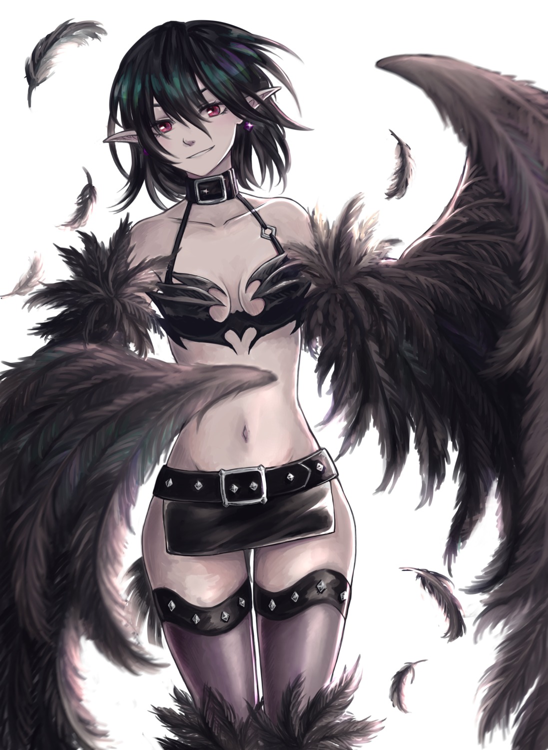 bikini_armor black_harpy cleavage monster_girl monster_girl_encyclopedia pointy_ears thighhighs wings zakirsiz