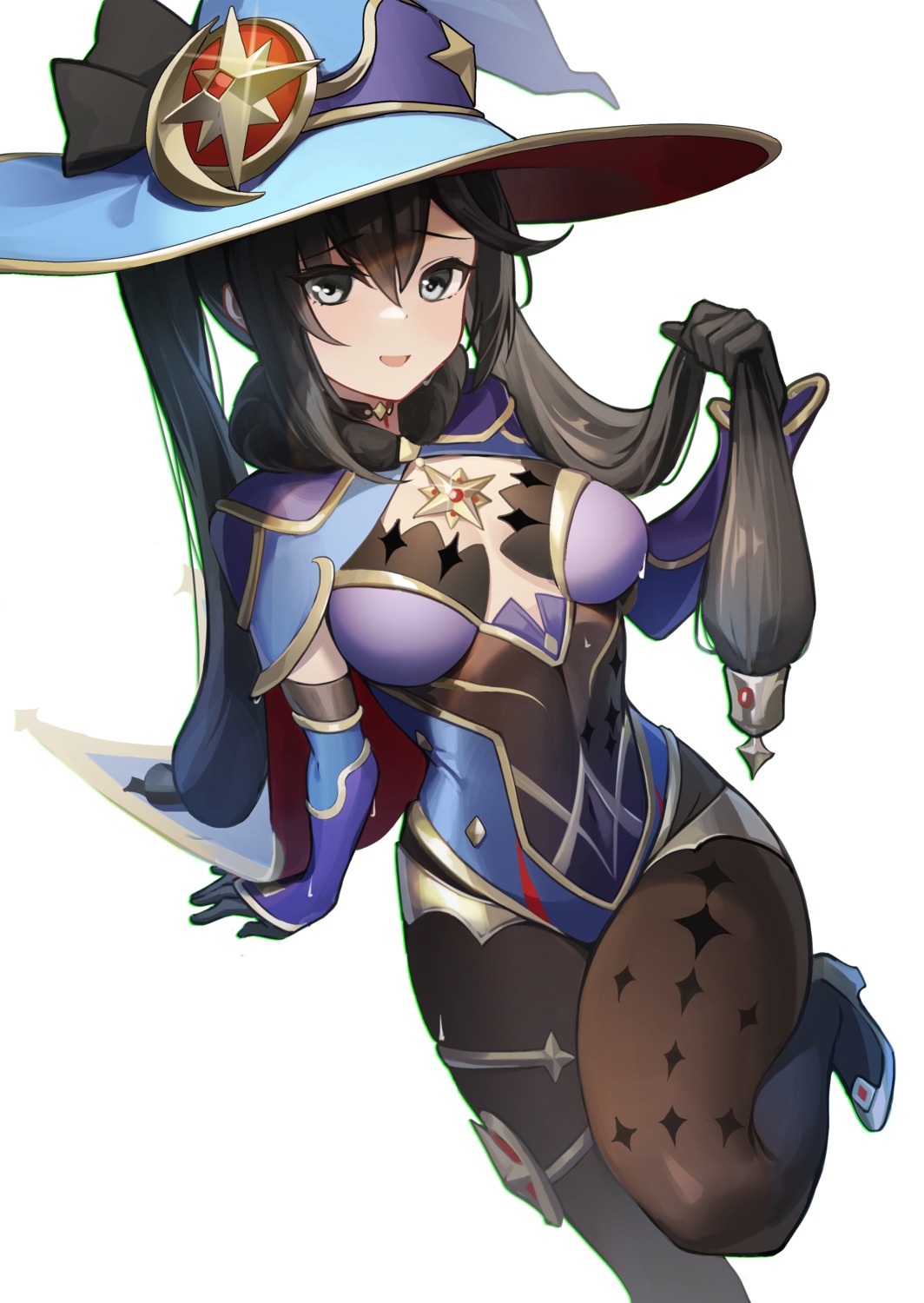 garter genshin_impact heels leotard mona_megistus no_bra pantyhose witch