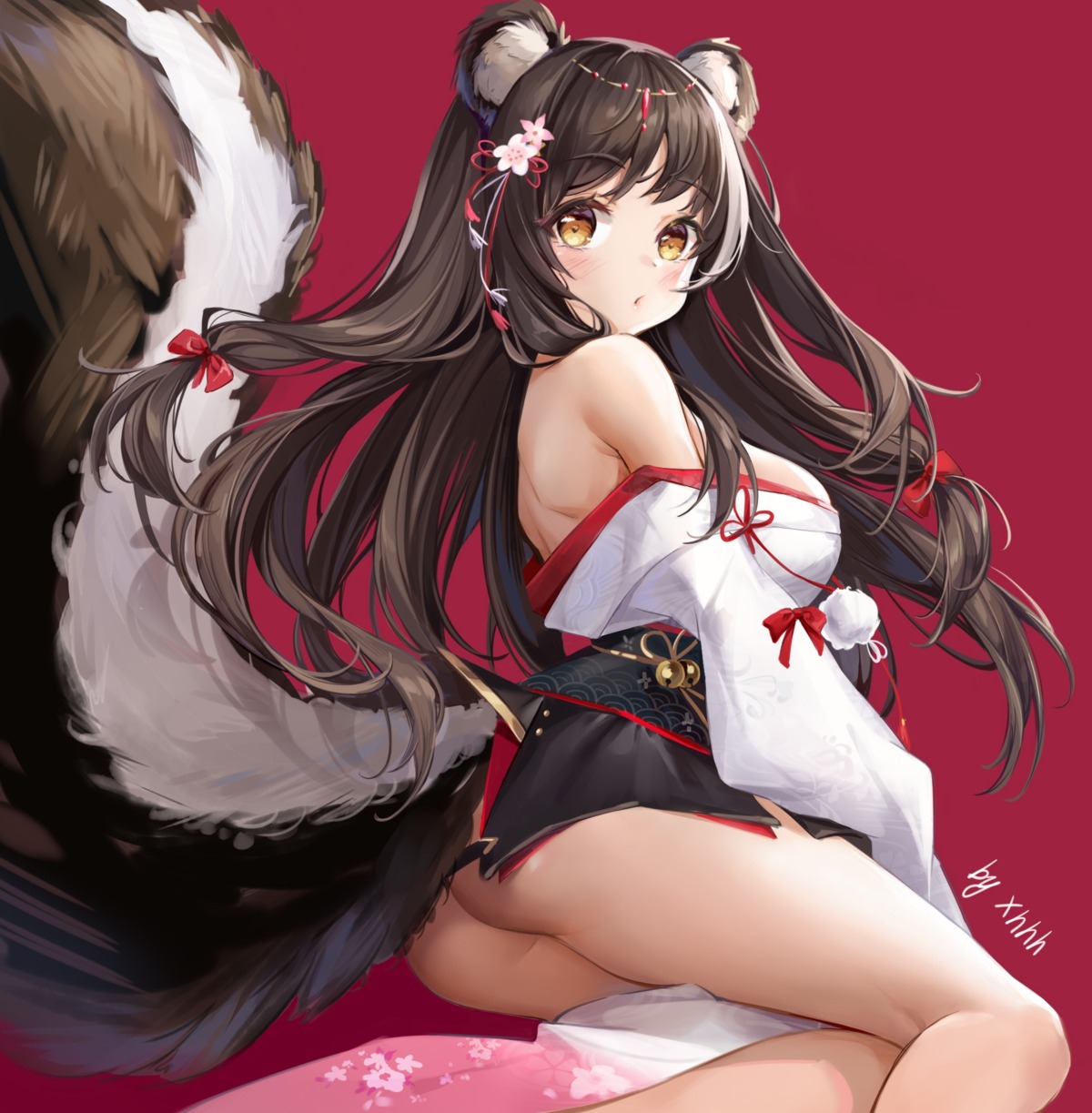 animal_ears ass azur_lane cannian_dada japanese_clothes naganami_(azur_lane) no_bra nopan open_shirt skirt_lift tail