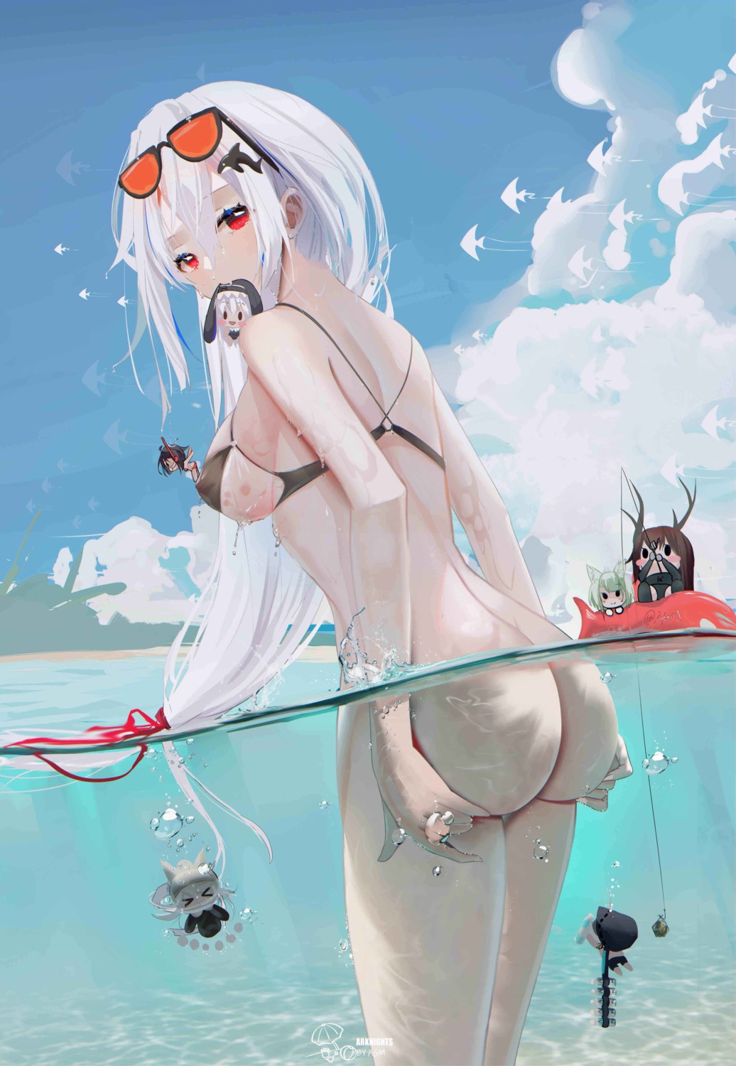 animal_ears arknights ass bikini_top bottomless bunny_ears chibi erect_nipples horns jpeg_artifacts megane omone_hokoma_agm skadi_(arknights) swimsuits wet