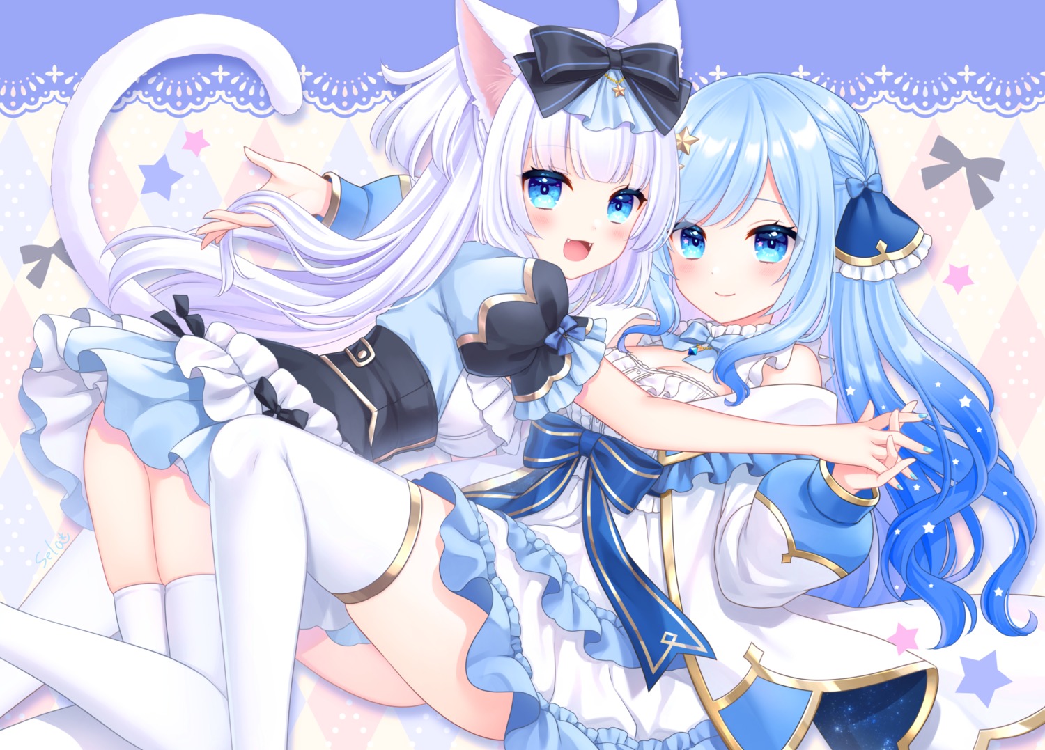 animal_ears nekomimi skirt_lift stardrop tail thighhighs