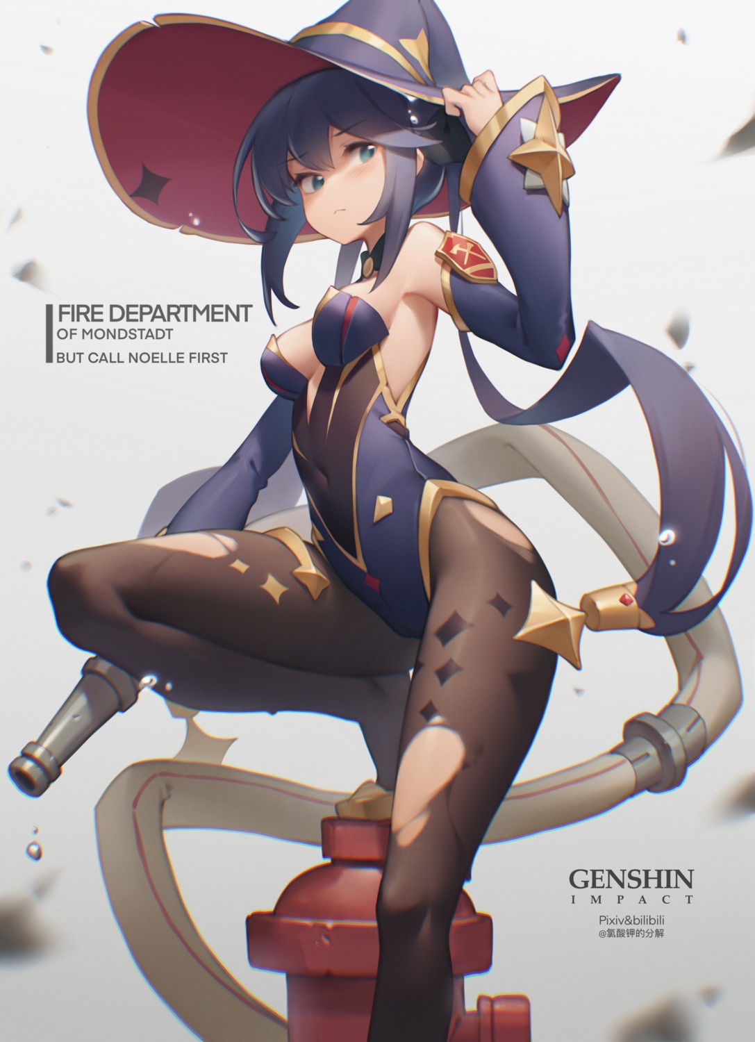 bilibili_xiaolu genshin_impact leotard mona_megistus no_bra pantyhose torn_clothes witch