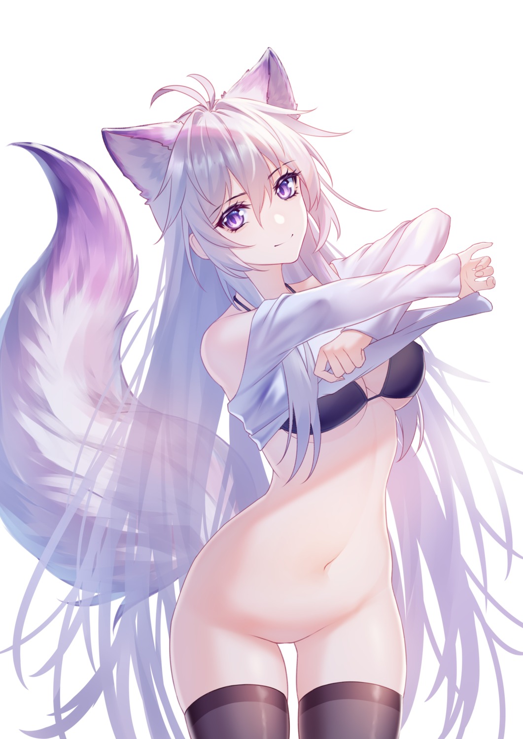 animal_ears bikini_top bottomless kirby_d_a kitsune shirt_lift swimsuits tail thighhighs undressing