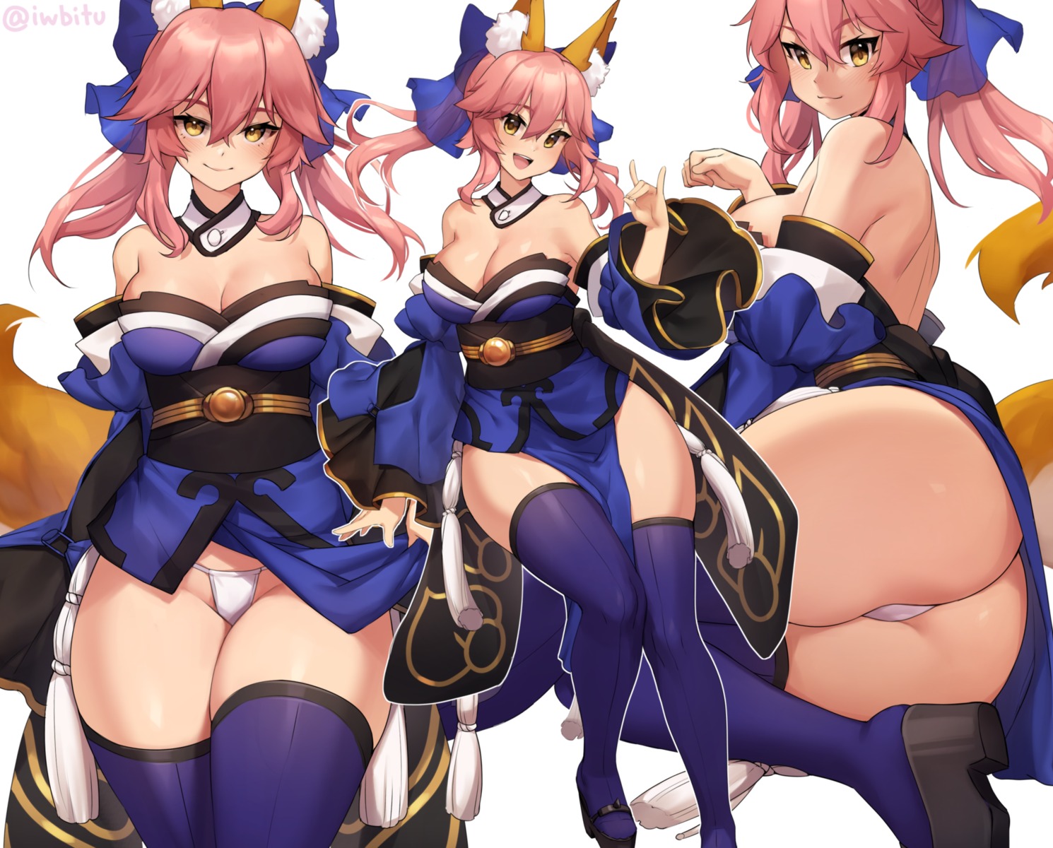 animal_ears ass cameltoe fate/grand_order iwbitu-sa japanese_clothes kitsune no_bra open_shirt pantsu skirt_lift tail tamamo_no_mae thighhighs thong