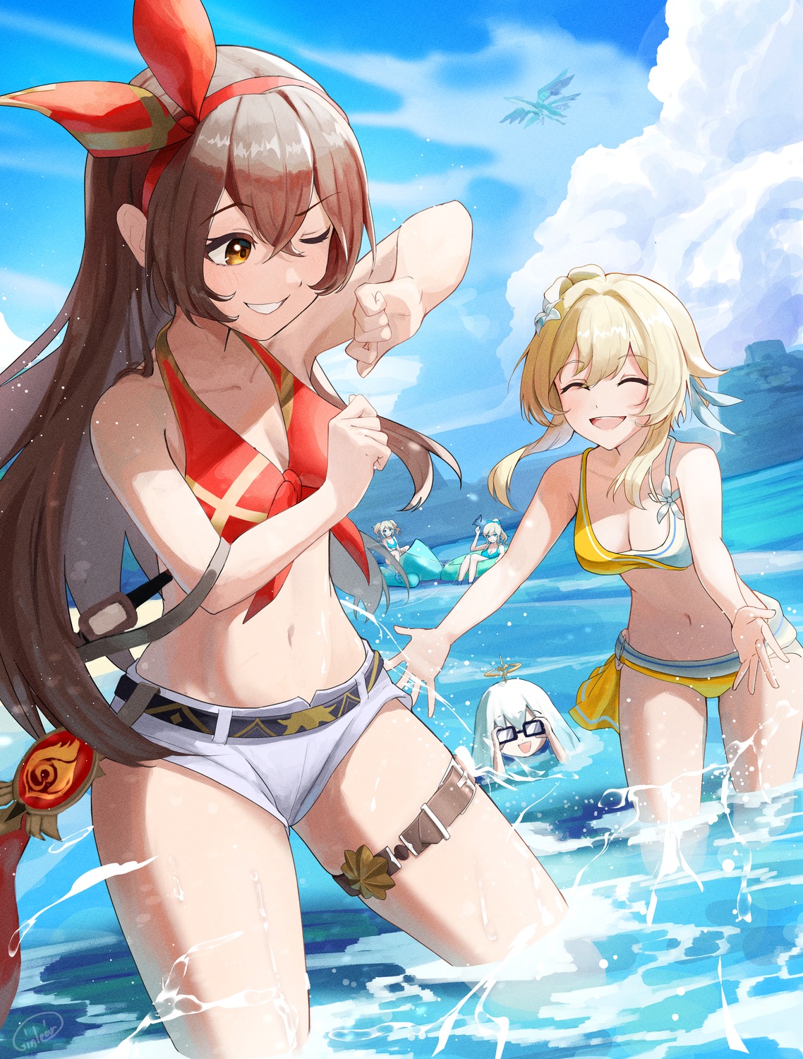 amber_(genshin_impact) bikini garter genshin_impact ginlear lumine megane paimon swimsuits wet