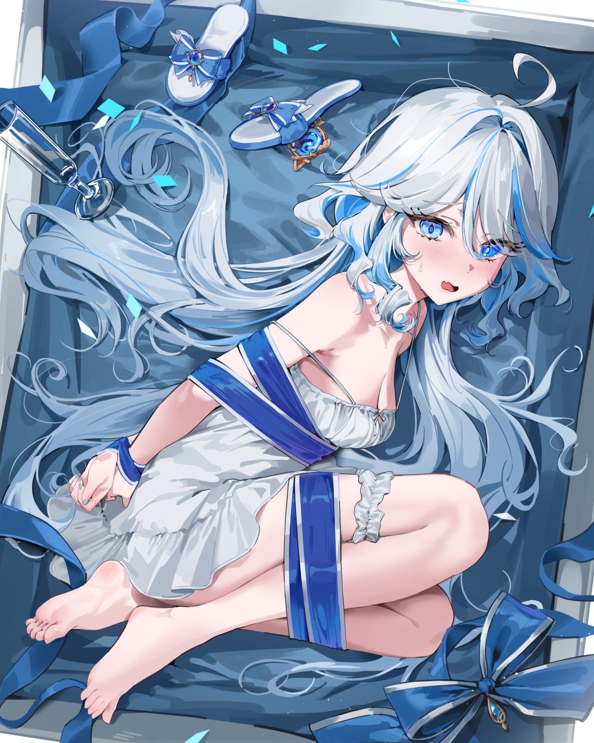 bondage chii_(chiiriring) dress feet furina garter genshin_impact heterochromia no_bra skirt_lift