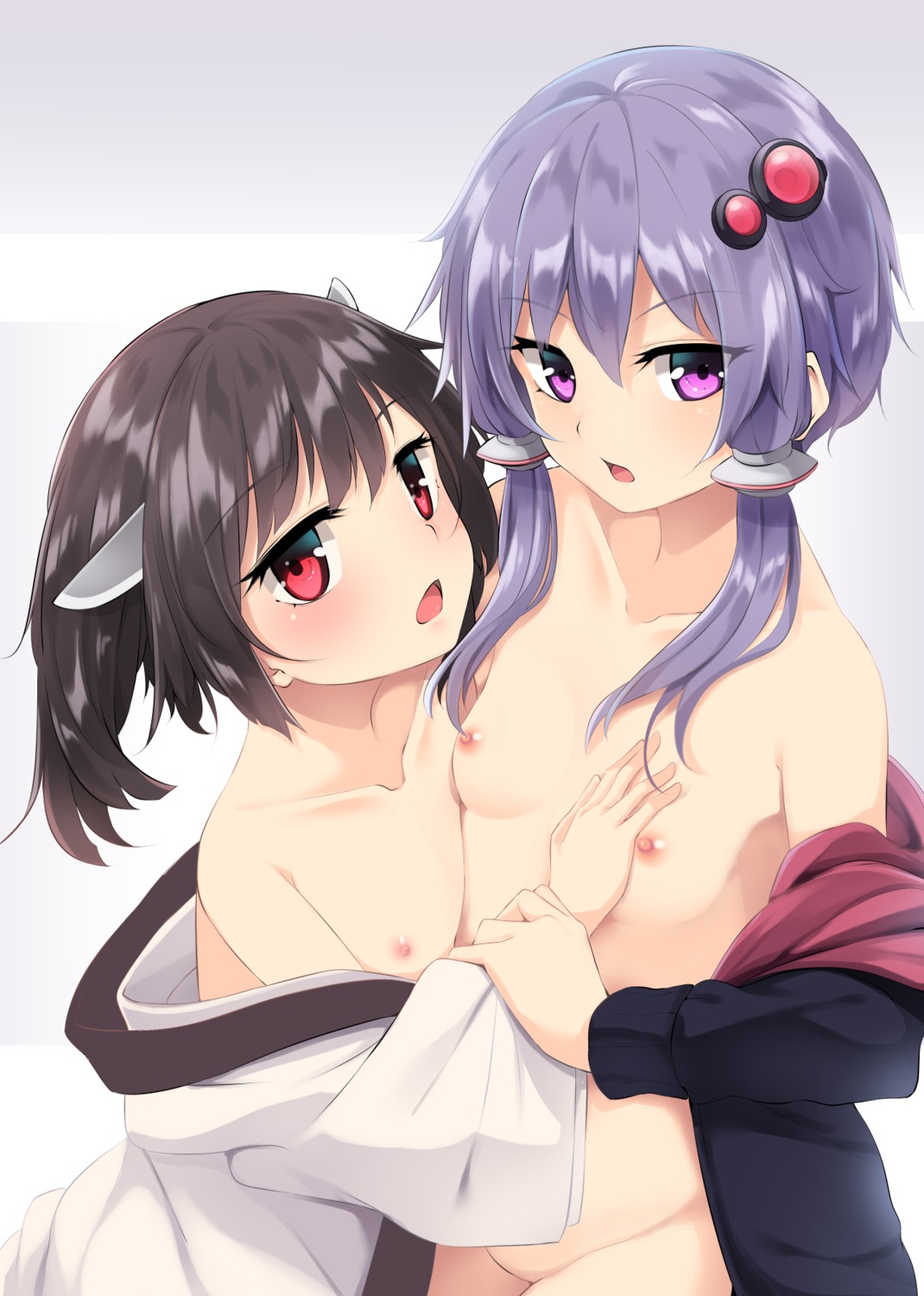 arai_togami breast_hold breasts loli nipples no_bra open_shirt touhoku_kiritan voiceroid yuzuki_yukari