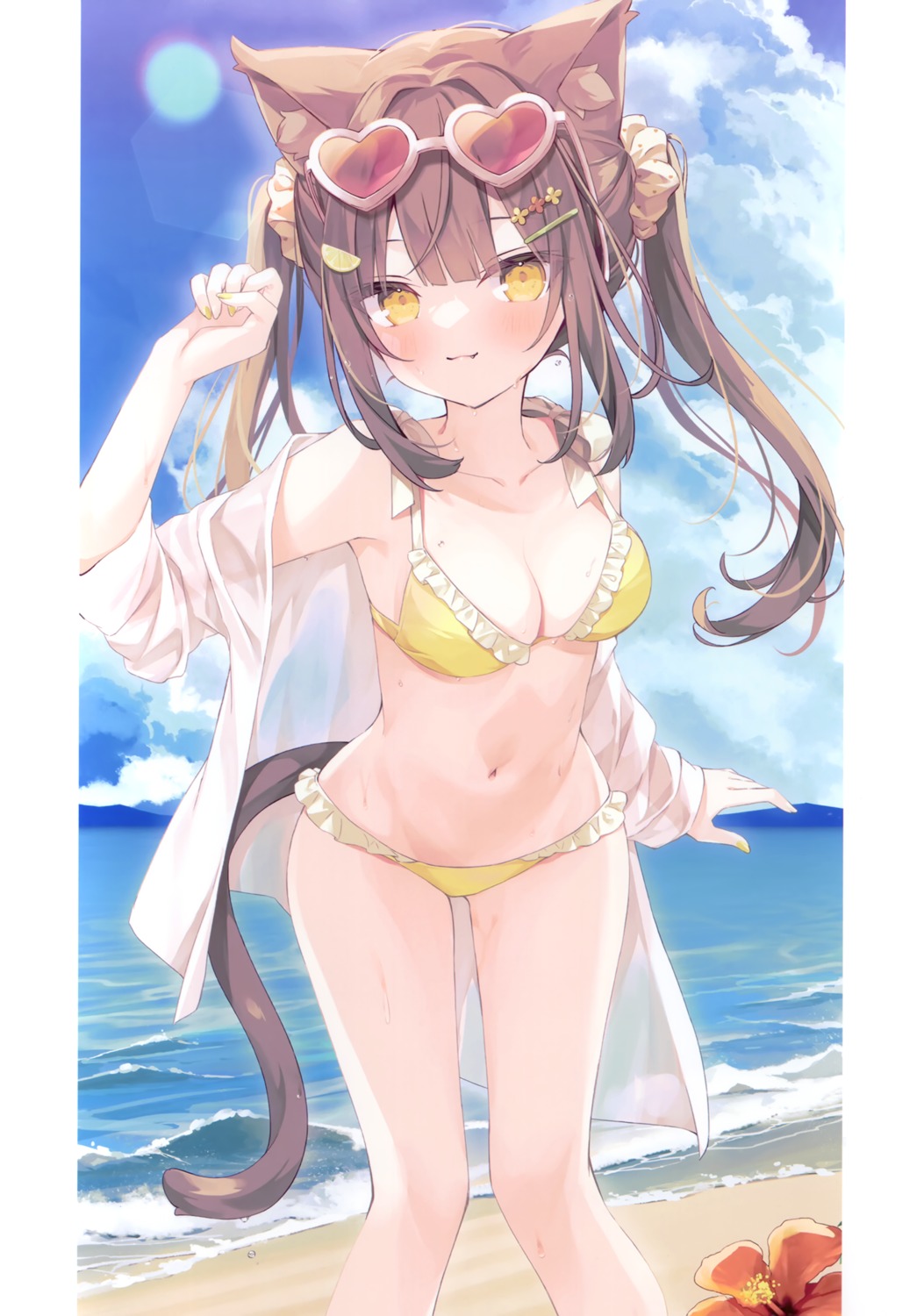 animal_ears bikini hoshi kohaku_(hoshi) megane nekomimi open_shirt see_through swimsuits tail usagigo wet