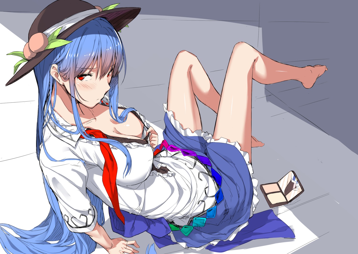 hinanawi_tenshi neropaso no_bra open_shirt sketch skirt_lift touhou undressing