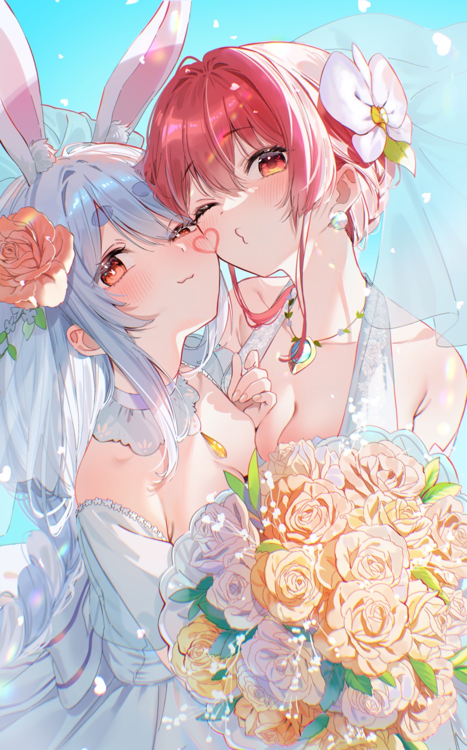 animal_ears bunny_ears dress hololive houshou_marine no_bra see_through shuri_(84k) usada_pekora wedding_dress yuri