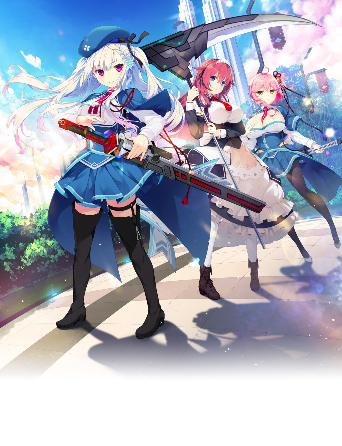 cleavage crystalia garter gijang heels katana_(series) kazamine_matsurika maid pantyhose pero seifuku shinonome_ruri shiraha_kirameku_koi_shirabe skirt_lift stockings sword thighhighs tsukitachibana_hime usume_shirou weapon