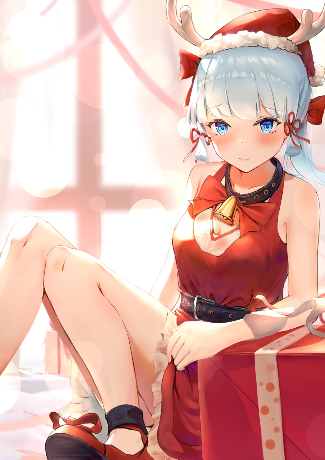 christmas cleavage dress genshin_impact horns kamisato_ayaka skirt_lift yunr