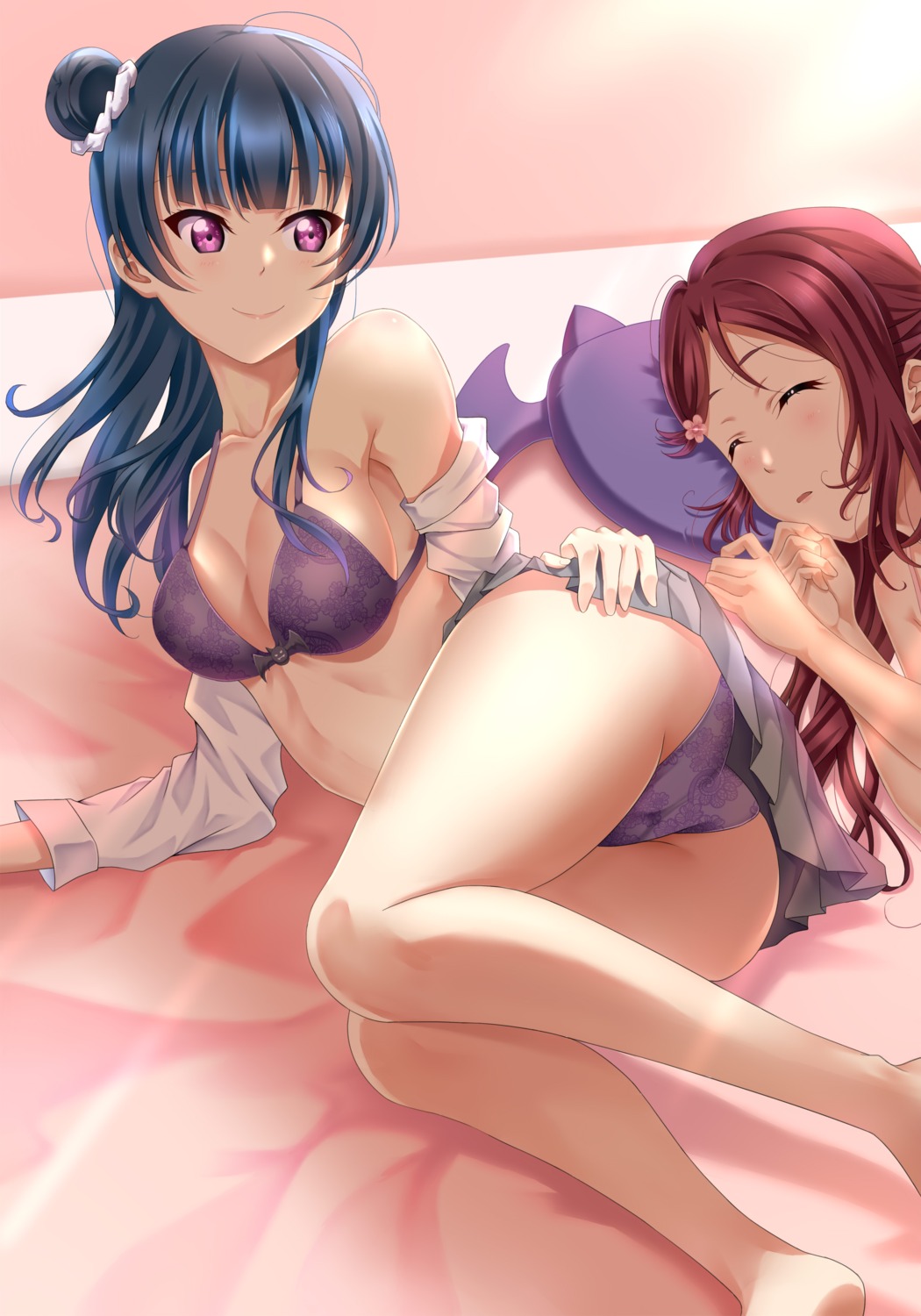 ass bra cleavage love_live!_sunshine!! open_shirt pantsu sakurauchi_riko seifuku tsushima_yoshiko yi_ke_migan