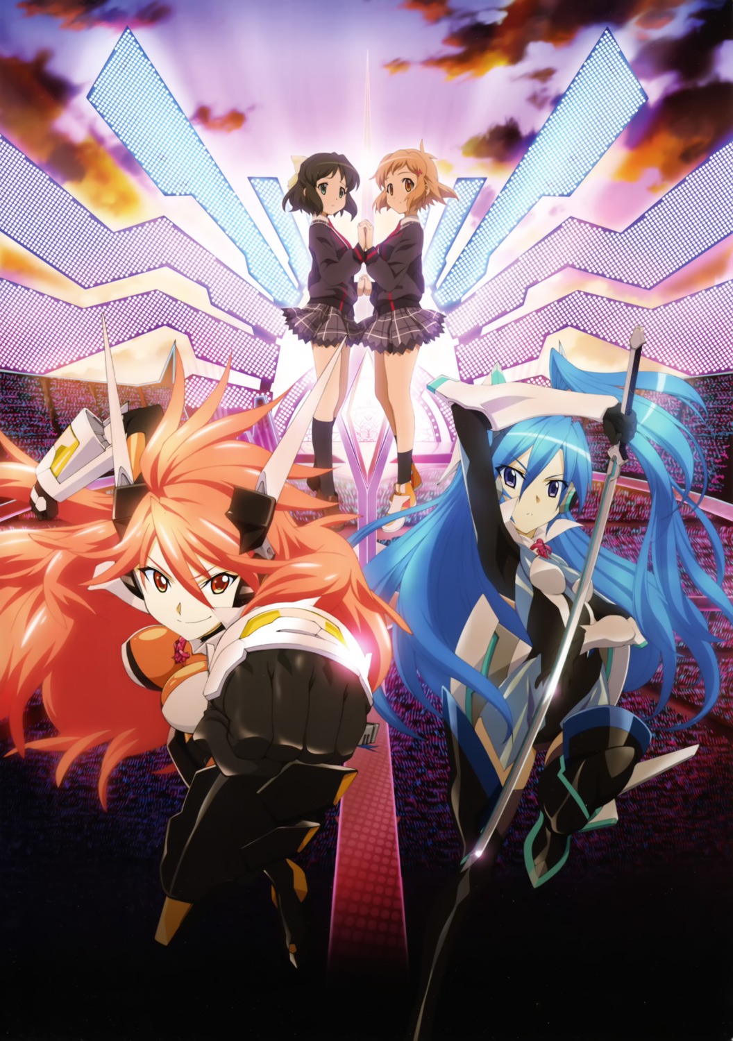 amou_kanade bodysuit headphones kazanari_tsubasa kohinata_miku koike_satoshi seifuku senki_zesshou_symphogear sword tachibana_hibiki thighhighs