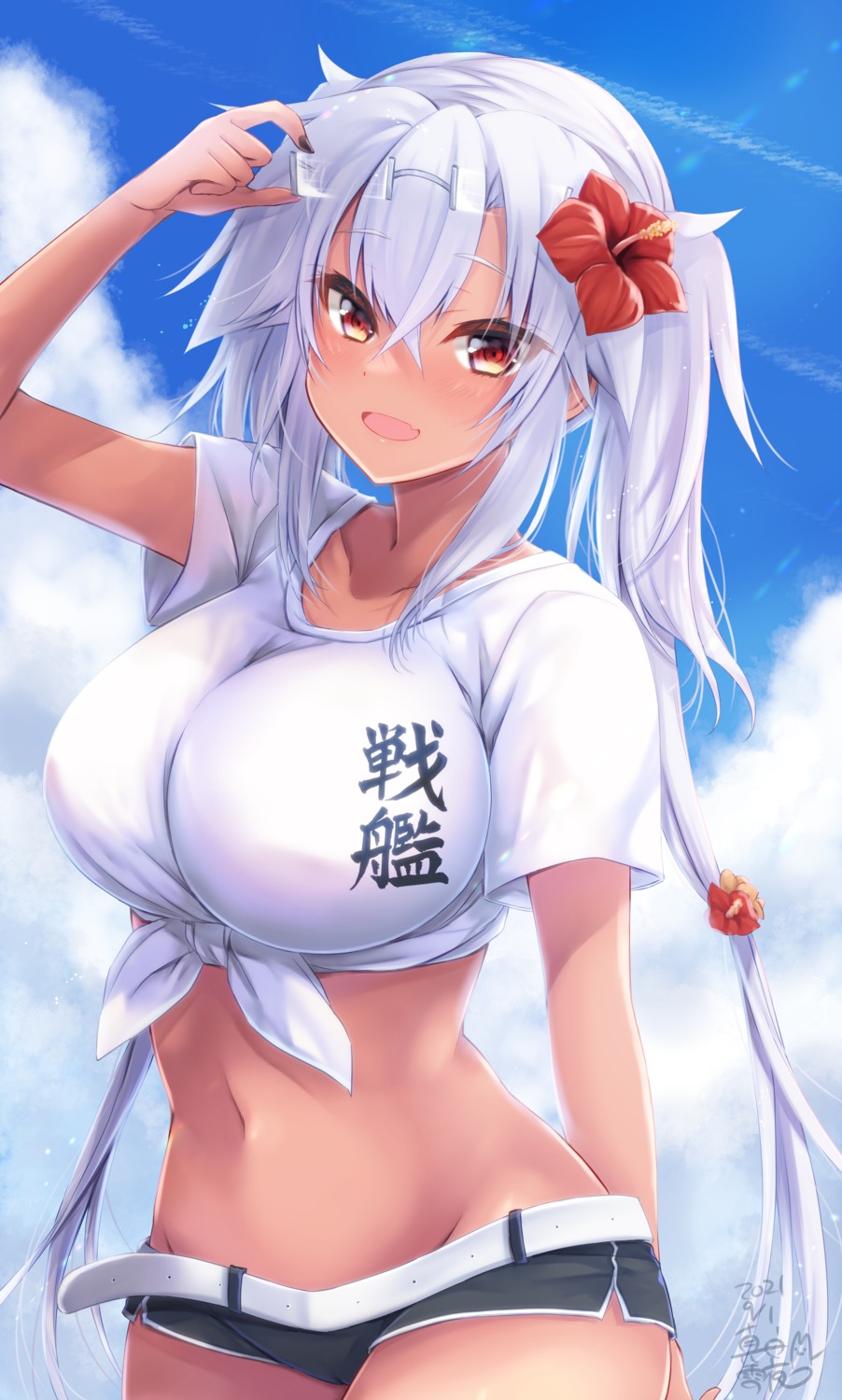 kantai_collection mashiro_yukiya megane musashi_(kancolle) shirt_lift