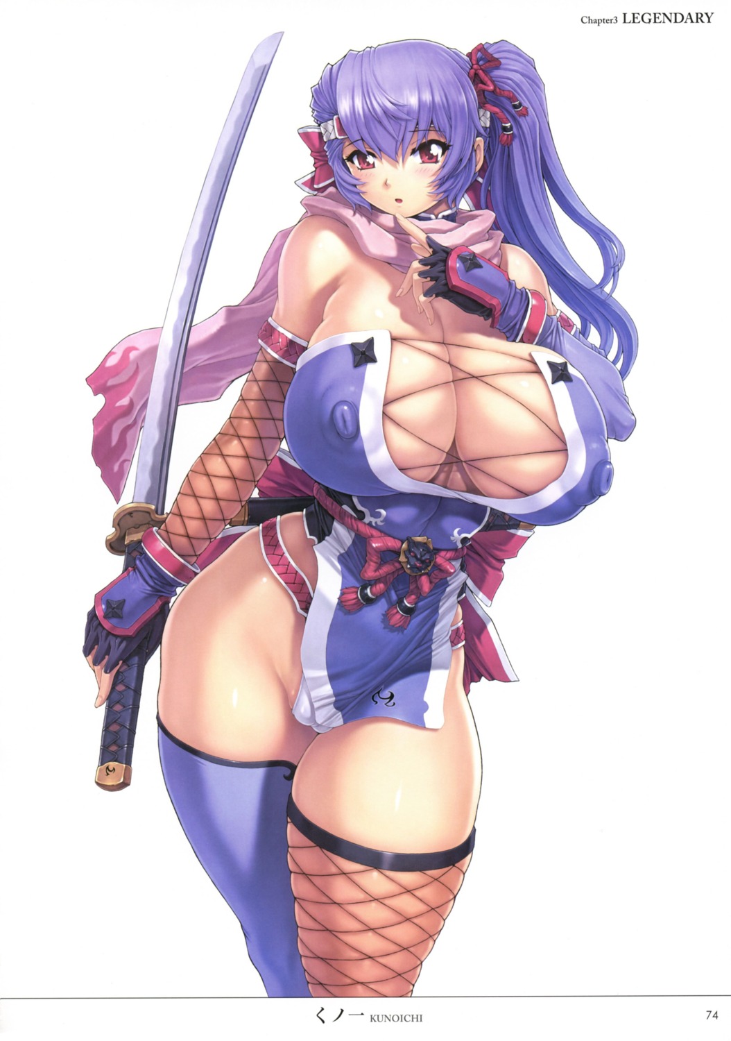 cameltoe cleavage erect_nipples fishnets mogudan ninja no_bra pantsu sword thighhighs