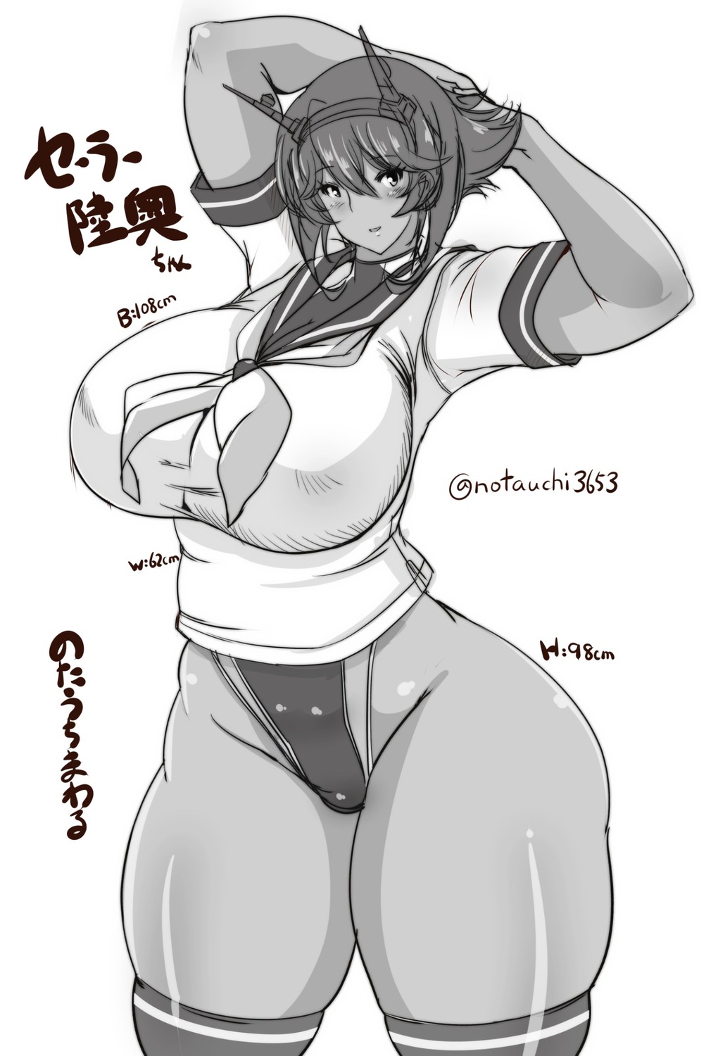 kantai_collection monochrome mutsu_(kancolle) notauchi_mawaru_ni-shiki seifuku sketch swimsuits thighhighs