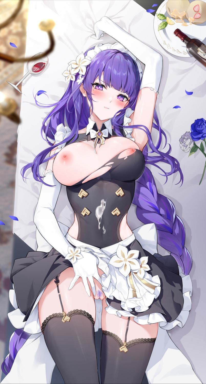 breasts cum genshin_impact houkisei maid nipples no_bra nopan photoshop pubic_hair pussy raiden_shogun skirt_lift stockings thighhighs torn_clothes uncensored