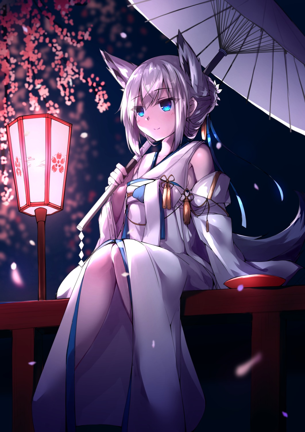 animal_ears azur_lane japanese_clothes kawakaze_(azur_lane) ryou_(ryo_217cafe) tail umbrella