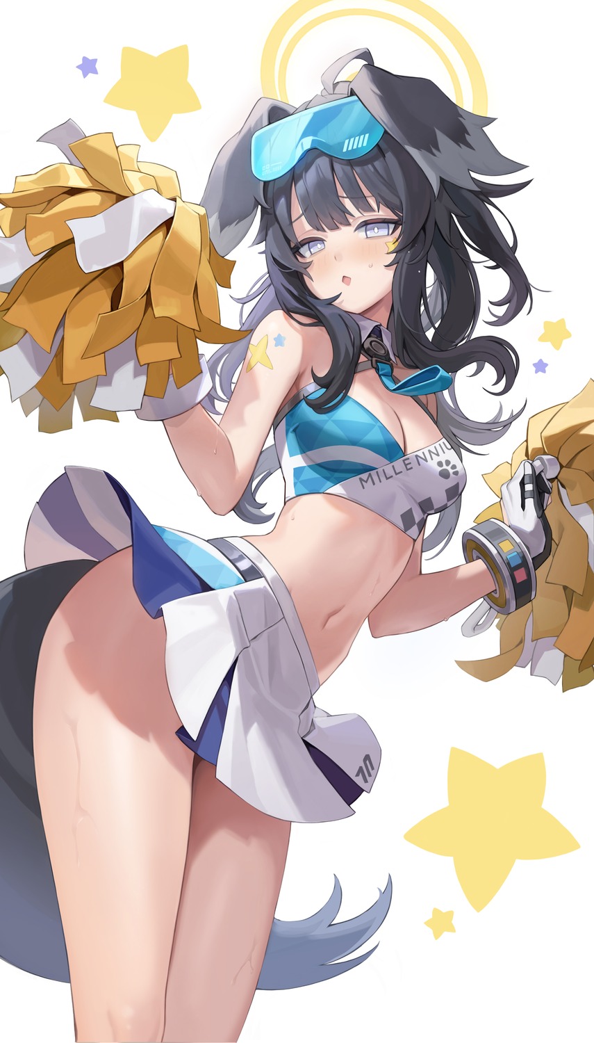 animal_ears blue_archive cheerleader cleavage dkxlek halo inumimi nekozuka_hibiki skirt_lift tail tattoo