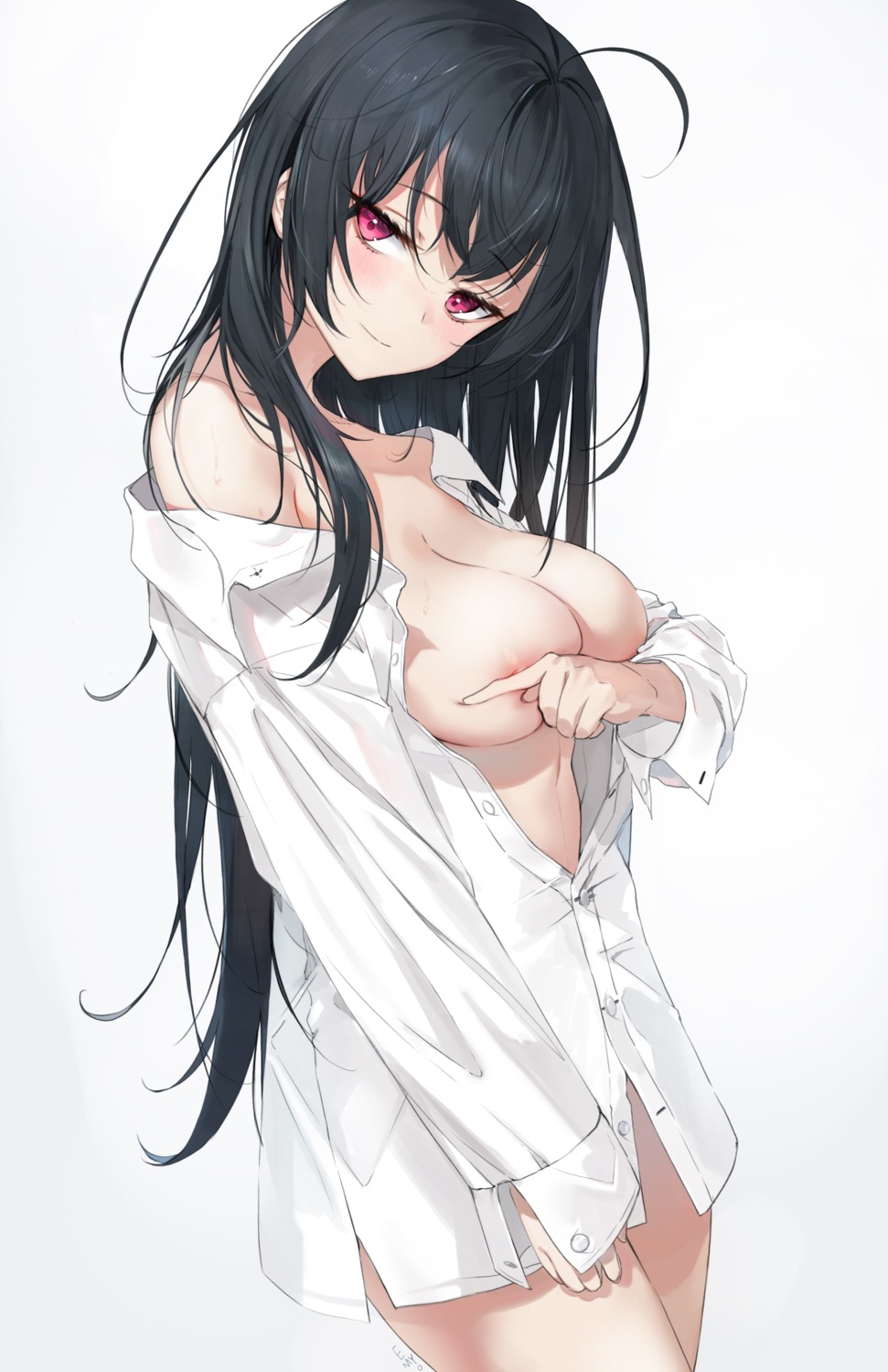 areola breast_hold breasts dress_shirt emyo nipple_slip no_bra open_shirt