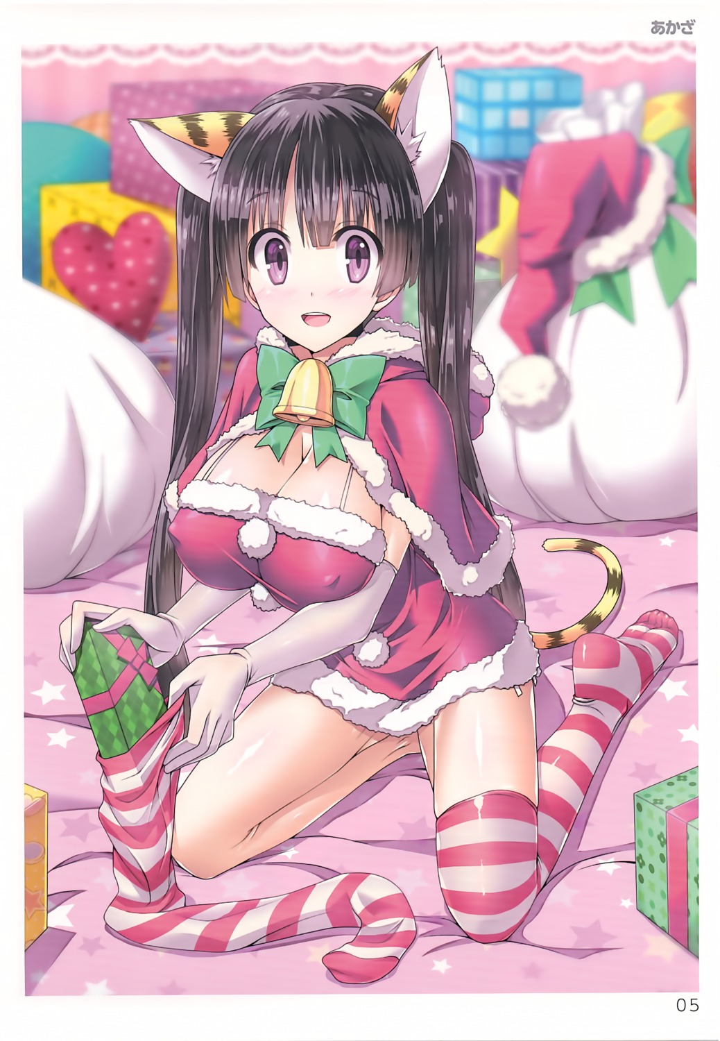 akaza animal_ears christmas cleavage dress erect_nipples tail thighhighs toranoana