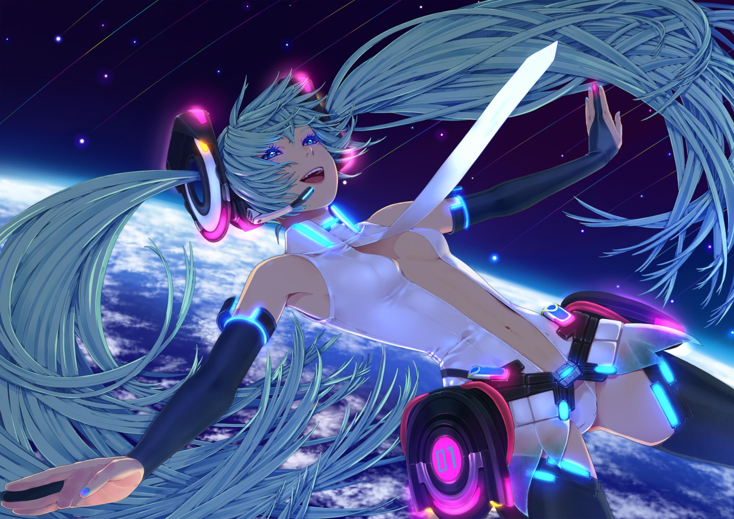 hatsune_miku headphones miku_append nayu no_bra pantsu thighhighs vocaloid