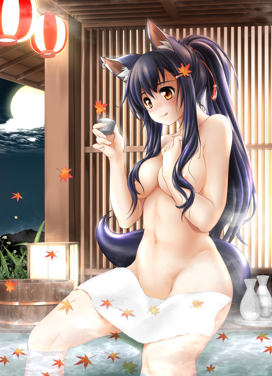 animal_ears areola breast_hold naked onsen sake tail tomoya_kankurou wet