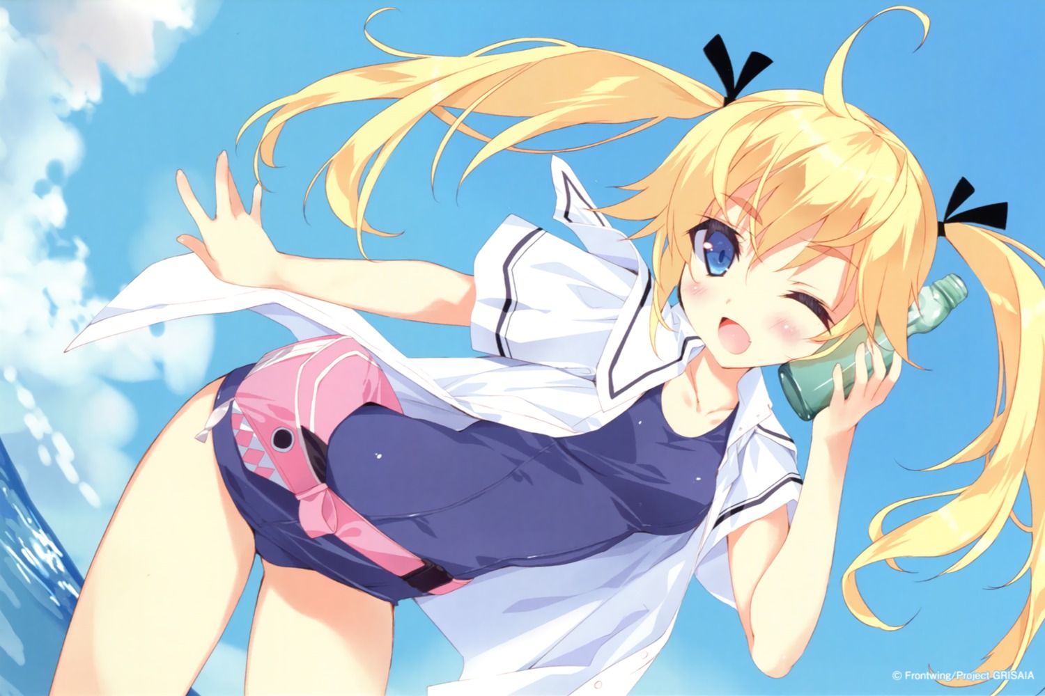 endcard grisaia grisaia_no_kajitsu matsushima_michiru open_shirt school_swimsuit seifuku swimsuits tsurusaki_takahiro