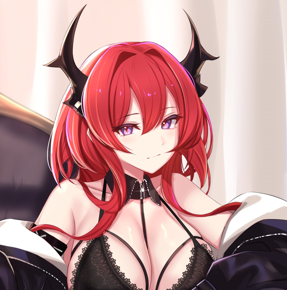 arknights bra horns kanta open_shirt surtr_(arknights)