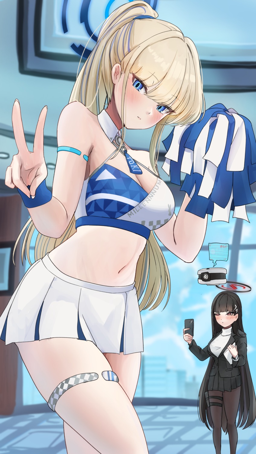 asuma_toki blue_archive business_suit cheerleader garter halo kokugonochoko no_bra pantyhose sweater tsukatsuki_rio