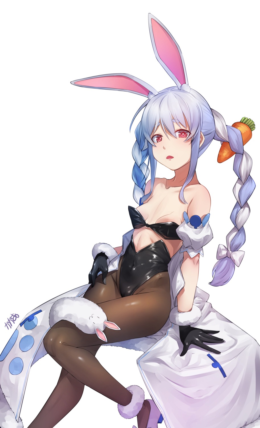 animal_ears arpeggio_kaga bra bunny_ears bunny_girl heels hololive pantyhose usada_pekora wardrobe_malfunction