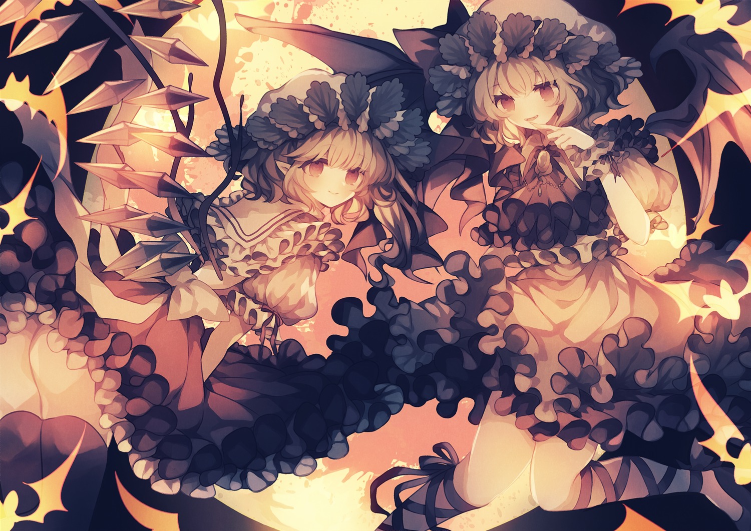 ass dress flandre_scarlet nopan pointy_ears remilia_scarlet thighhighs touhou wings wiriam07