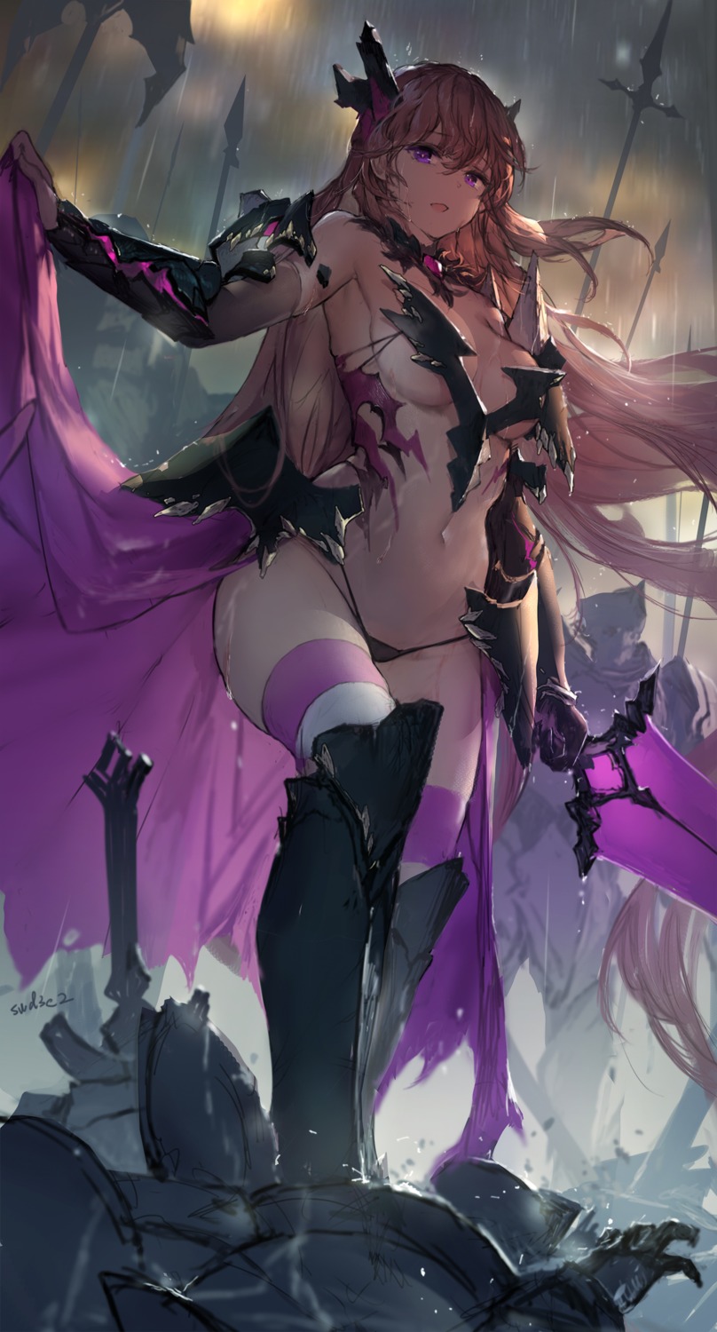 armor horns no_bra pantsu swd3e2 sword thighhighs