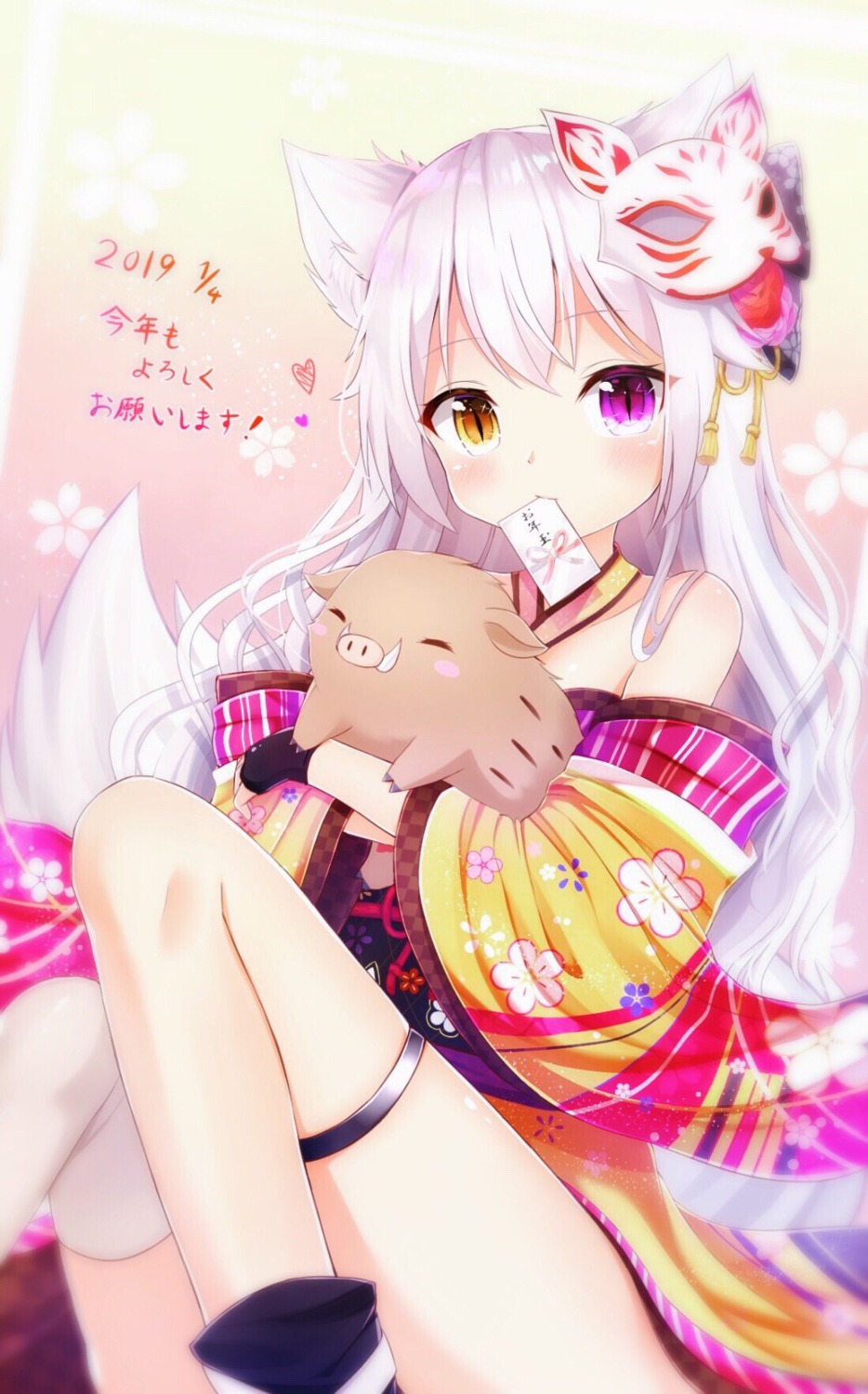 animal_ears garter heterochromia japanese_clothes kitsune nya_rl tail thighhighs