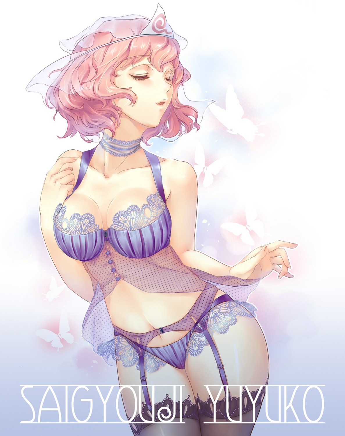 bra esha garter_belt lingerie pantsu saigyouji_yuyuko stockings thighhighs touhou