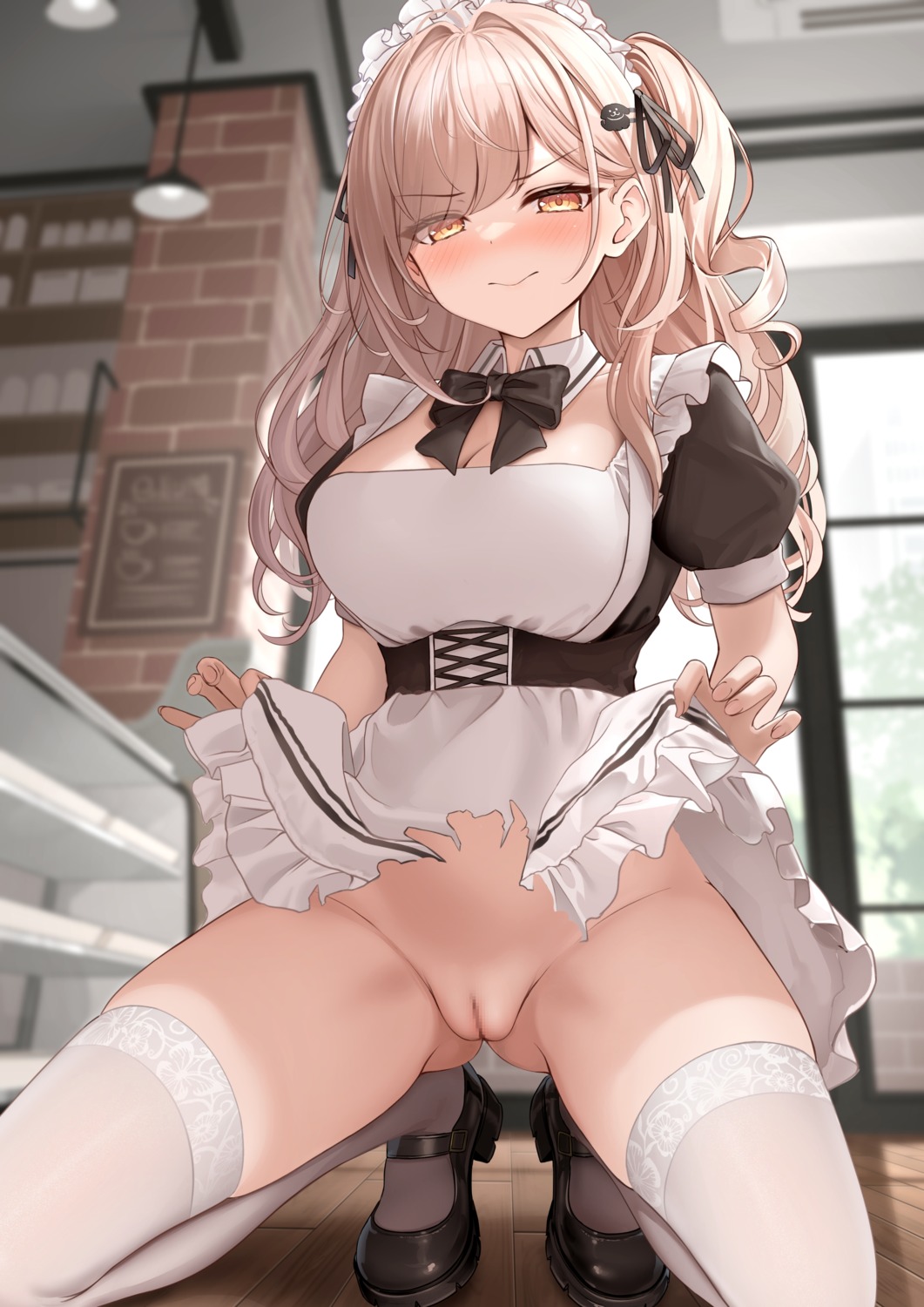 censored cleavage maid monaka_curl nopan pussy skirt_lift thighhighs torn_clothes undressing waitress