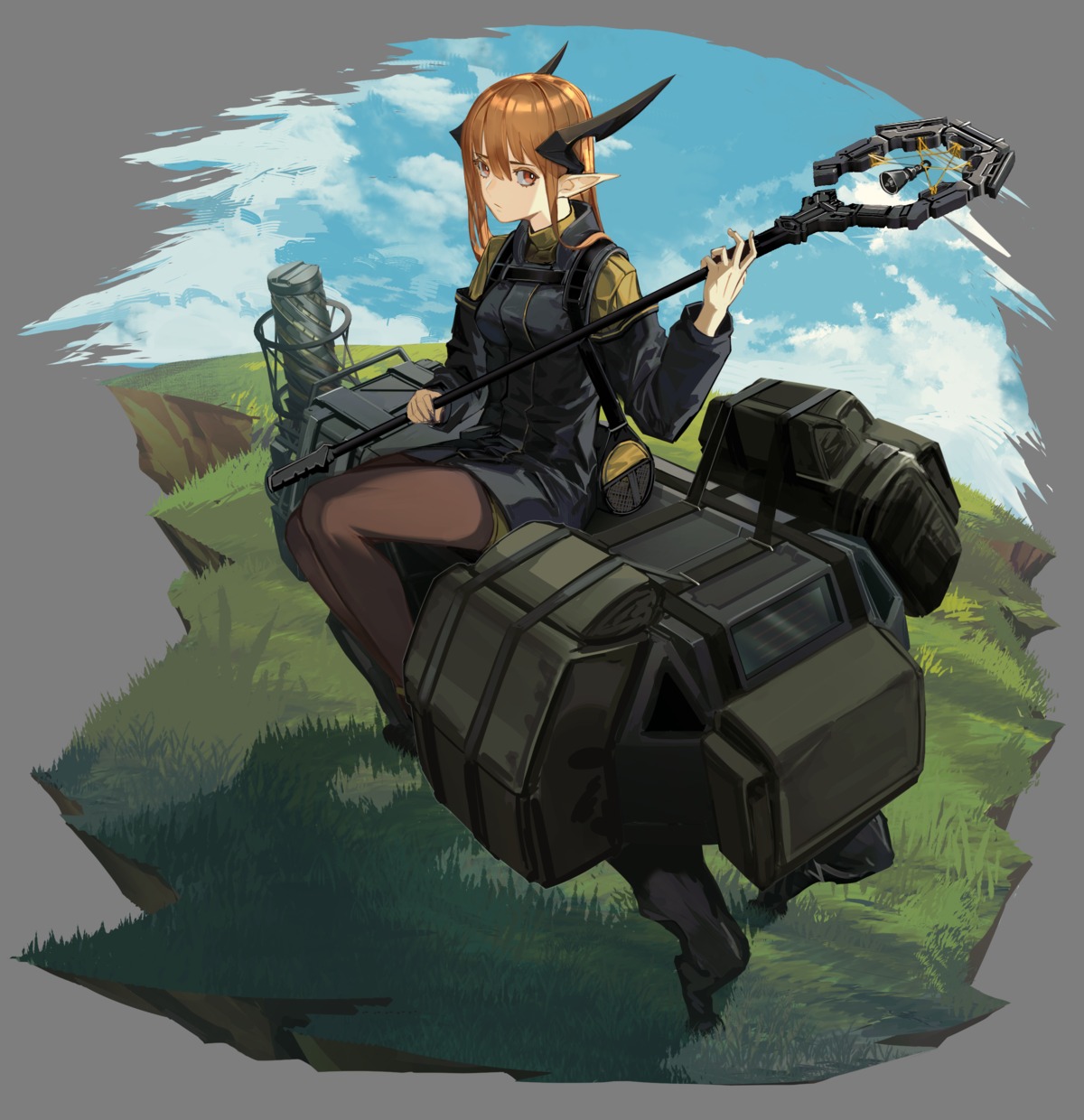 fixro2n horns pantyhose pointy_ears uniform weapon