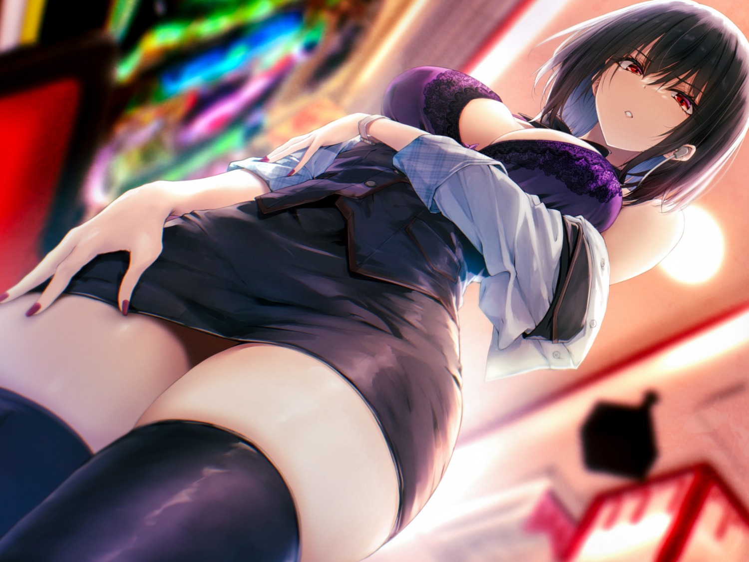 bra breast_hold jk_ssma open_shirt skirt_lift thighhighs wallpaper